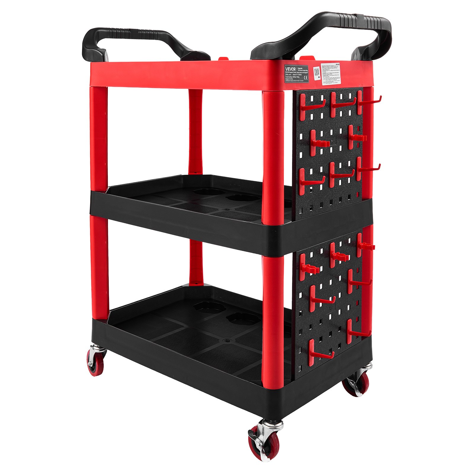 VEVOR Carrello di Servizio Portata 136 kg 3 Ripiani Ruote Girevoli a 360°, Carrello Officina, Ruote con Freno, Struttura in Plastica Resistente con Vassoi e Pannello Forato, per Garage e Magazzino