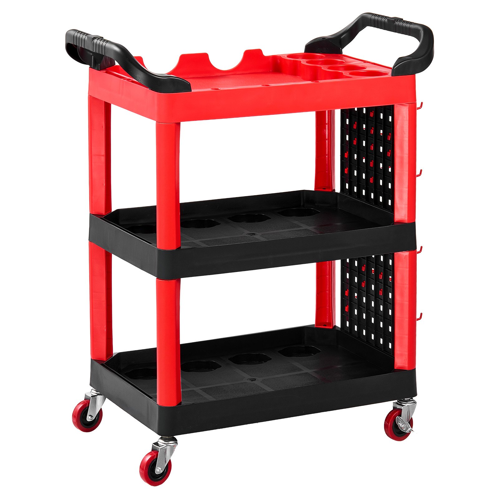 VEVOR Carrello di Servizio Portata 136 kg 3 Ripiani Ruote Girevoli a 360°, Carrello Officina, Ruote con Freno, Struttura in Plastica Resistente con Vassoi e Pannello Forato, per Garage e Magazzino