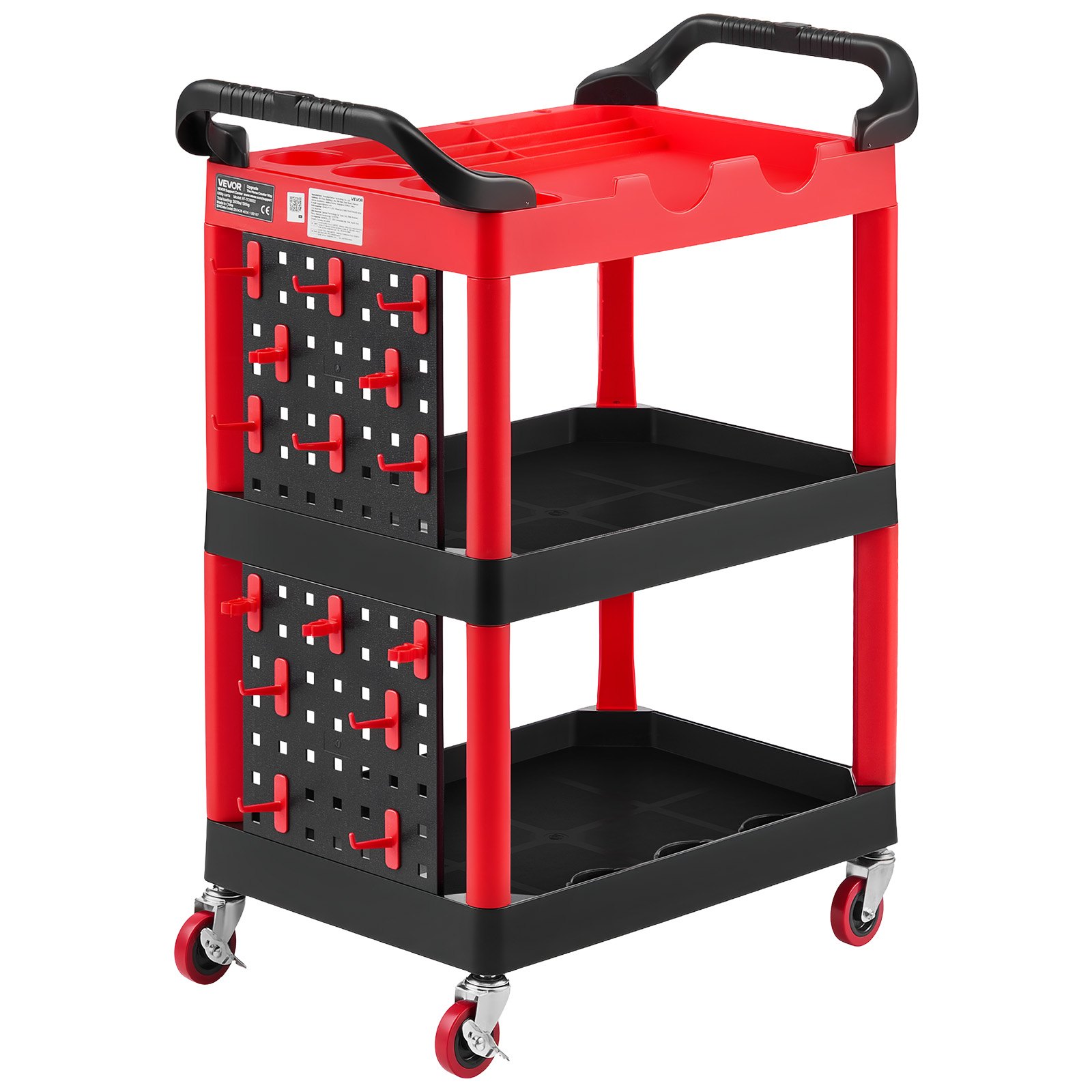 VEVOR Carrello di Servizio Portata 136 kg 3 Ripiani Ruote Girevoli a 360°, Carrello Officina, Ruote con Freno, Struttura in Plastica Resistente con Vassoi e Pannello Forato, per Garage e Magazzino
