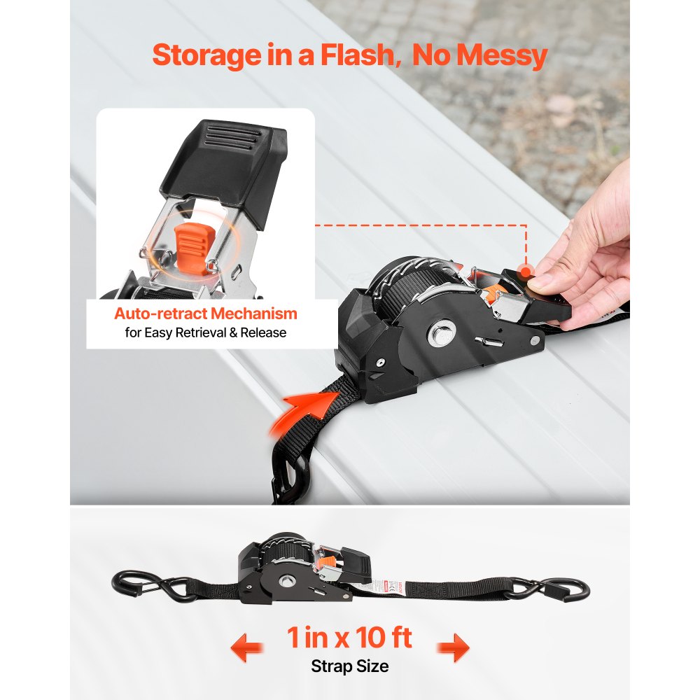 VEVOR Retractable Ratchet Straps, 25.4 mm x 3 m, Tie Down Straps with S Hooks, 544 kg Break Strength, 4 Soft Loops, Tie Down Ratcheting for Moving, Trailers, Motorcycles, Kayaks, Car Roof, 4 Pack