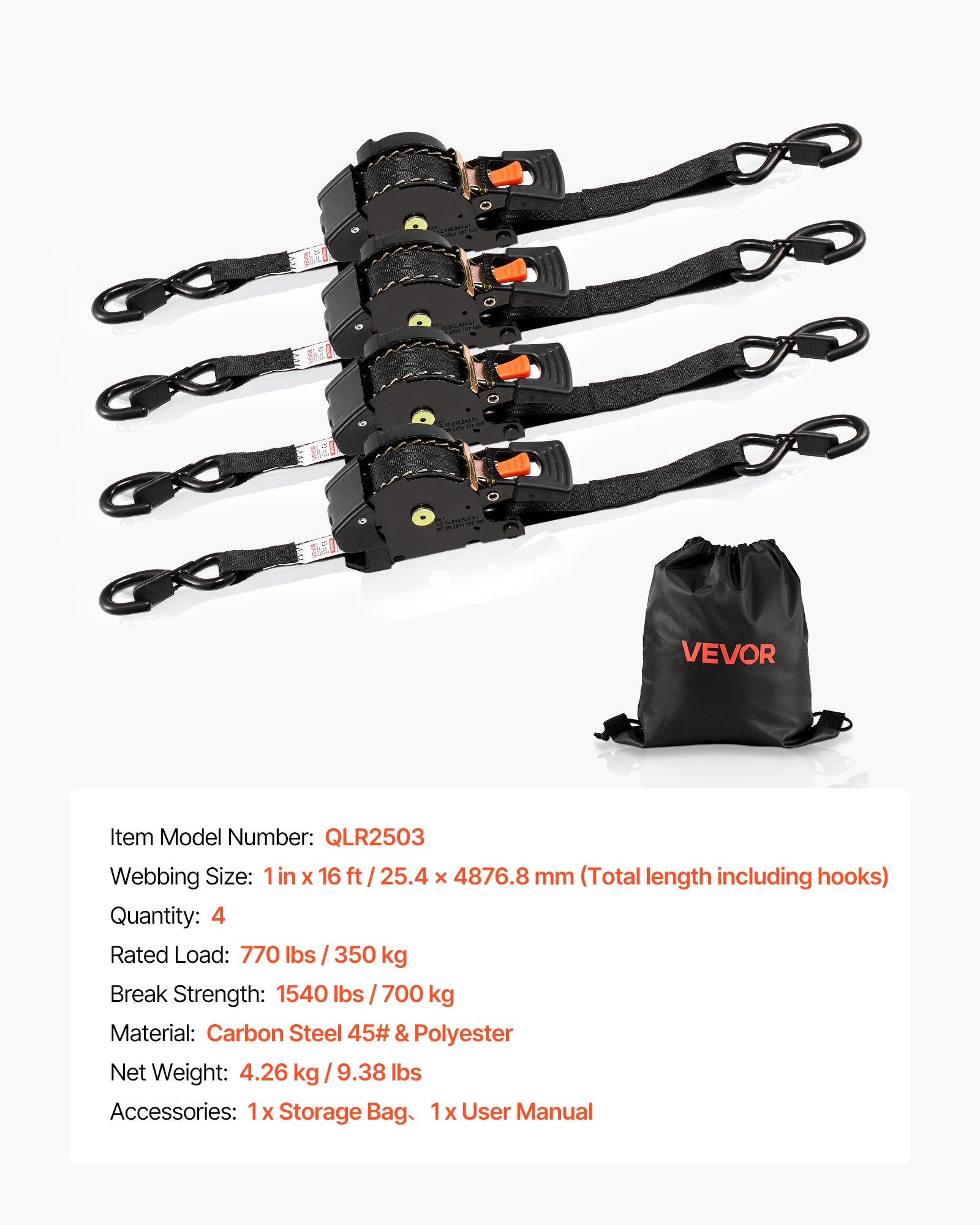 VEVOR Cinghie di Fissaggio con Doppio Gancio a S da 25,4 mm x 4,9 m, Resistenza alla Rottura di 700 kg, Borsa per il Trasporto, per Traslochi, Rimorchi, Motociclette, Kayak, Tetto, Confezione da 4