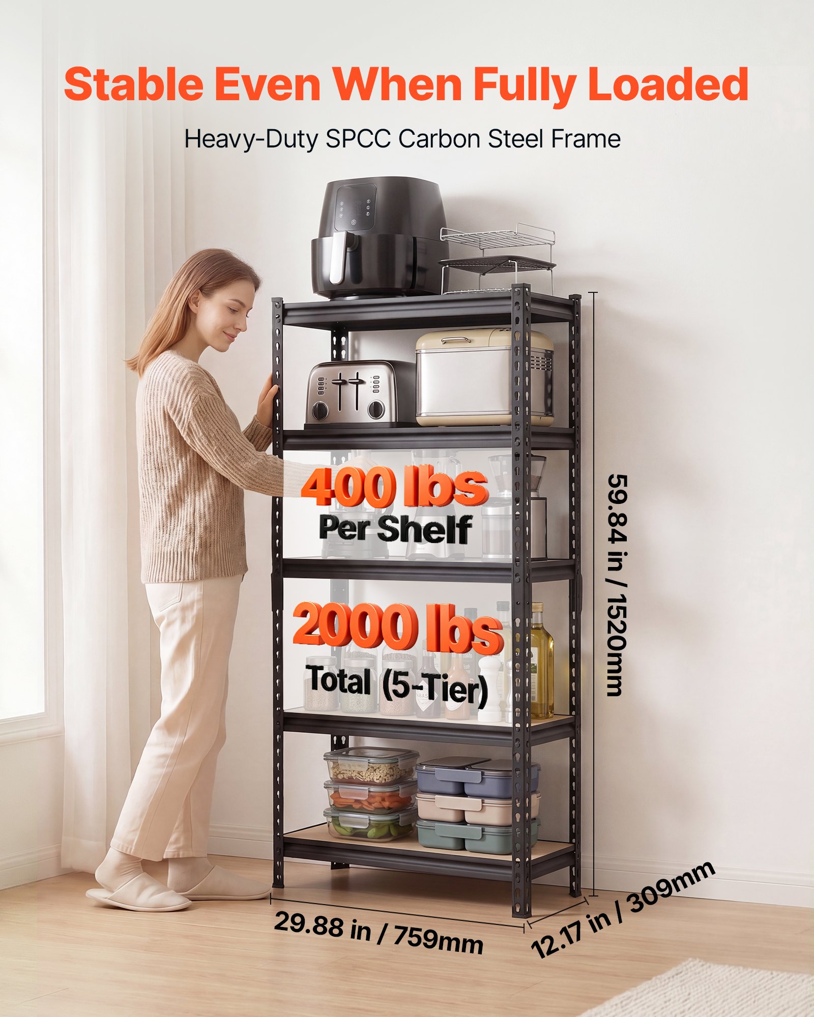 VEVOR Scaffale per Garage in Metallo 5 Ripiani Regolabili Capacità 907,2 kg, Scaffale da Stoccaggio per Carichi Pesanti, per Cucina, Dispensa, Magazzino e Cantina, 75,9 cm L x 30,9 cm P x 152 cm A