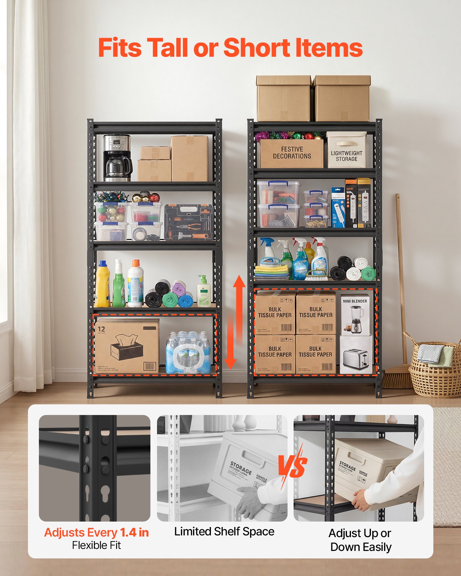 VEVOR Scaffale per Garage in Metallo 5 Ripiani Regolabili Capacità 907,2 kg, Scaffale da Stoccaggio per Carichi Pesanti, per Cucina, Dispensa, Magazzino e Cantina, 75,9 cm L x 30,9 cm P x 152 cm A