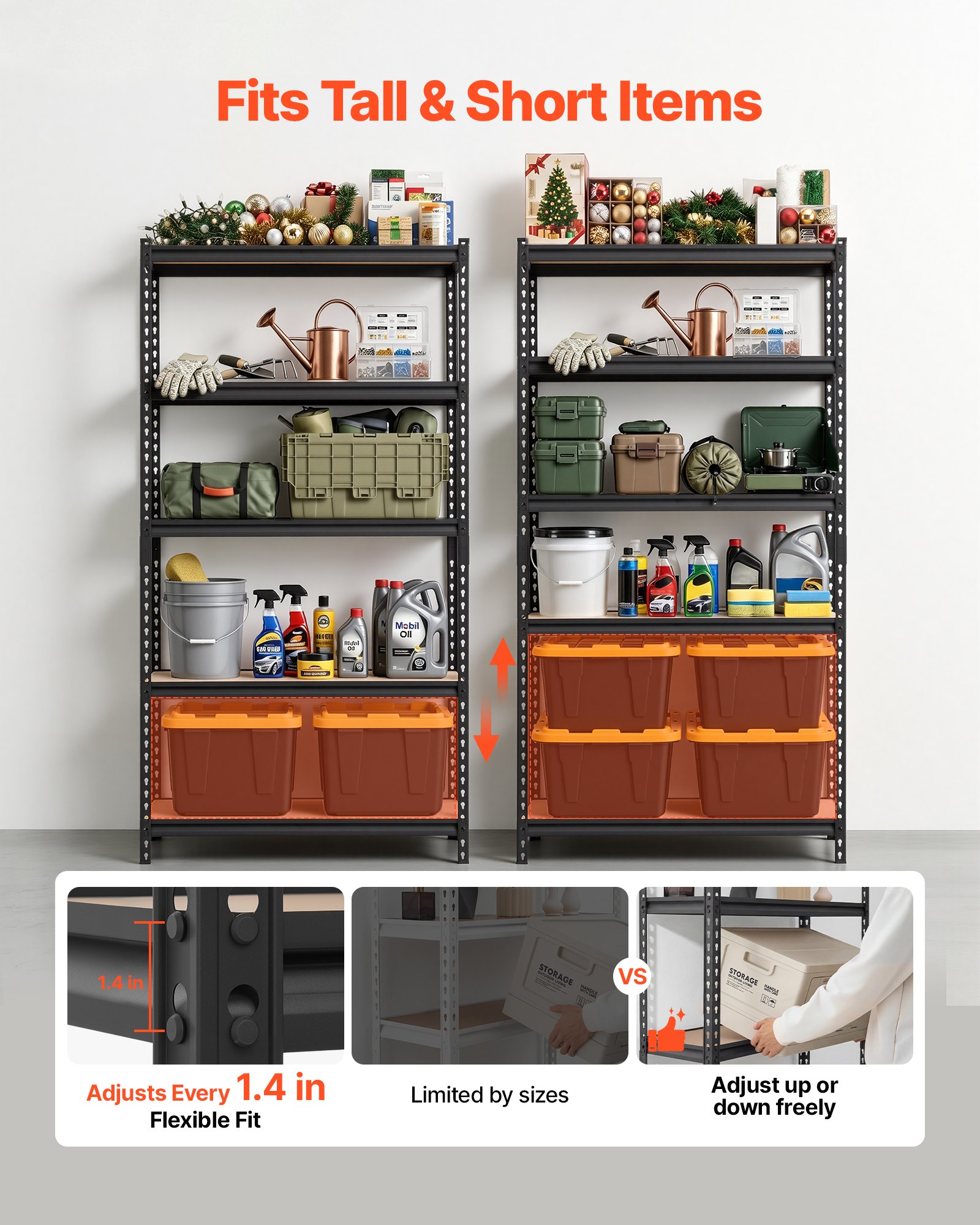 VEVOR Scaffale per Garage in Metallo 5 Ripiani Regolabili Capacità 907,2kg, Scaffale da Stoccaggio per Carichi Pesanti, per Dispensa, Magazzino, Cantina e Cucina, 92,3 cm L x 45,9 cm P x 181,3 cm A
