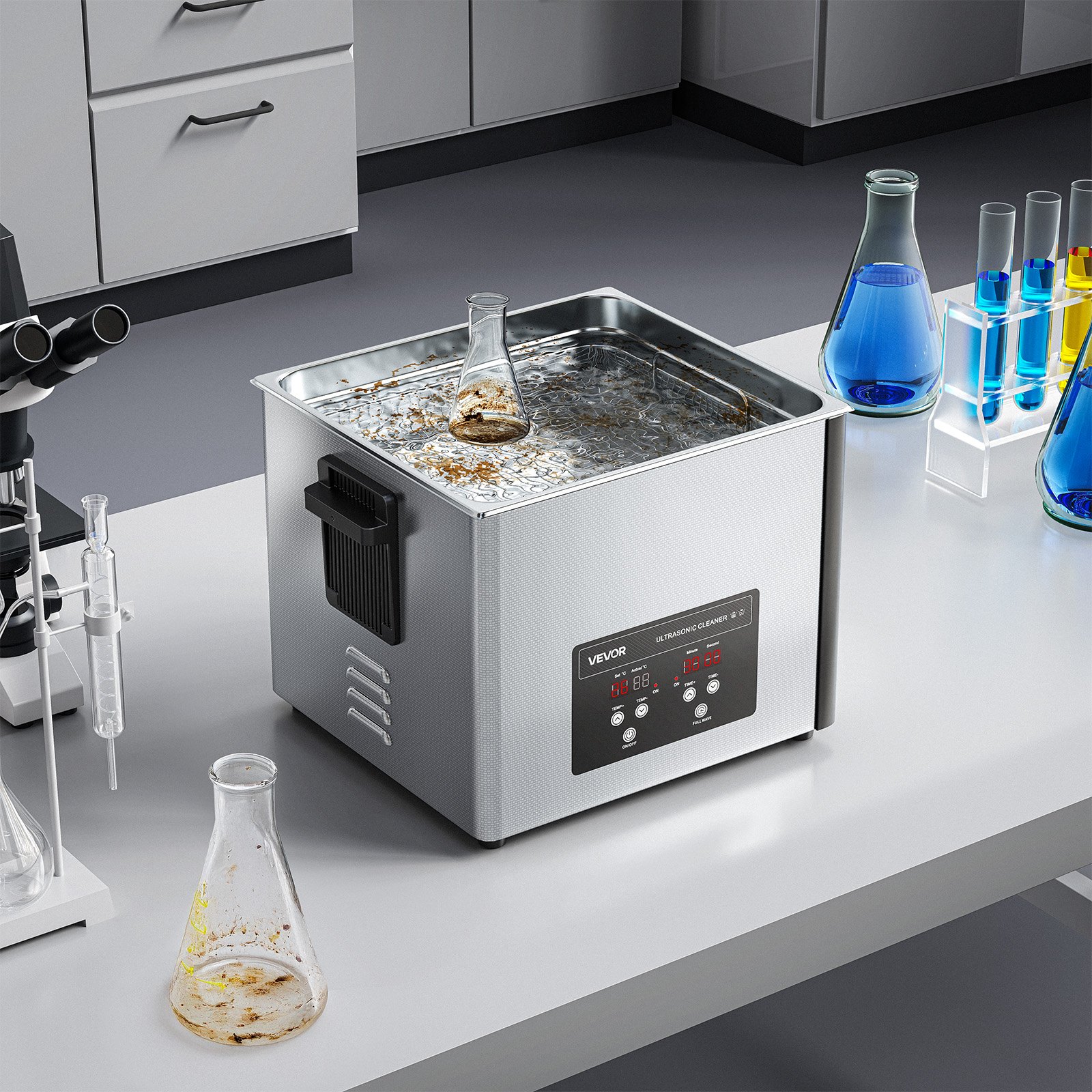 VEVOR Pulitore a Ultrasuoni da 15 L, Macchina Professionale per la Pulizia a Ultrasuoni, con Cestello di Pulizia e Schermo Digitale, in Acciaio Inox da 240W e 40 kHz per Carburatori, Strumenti