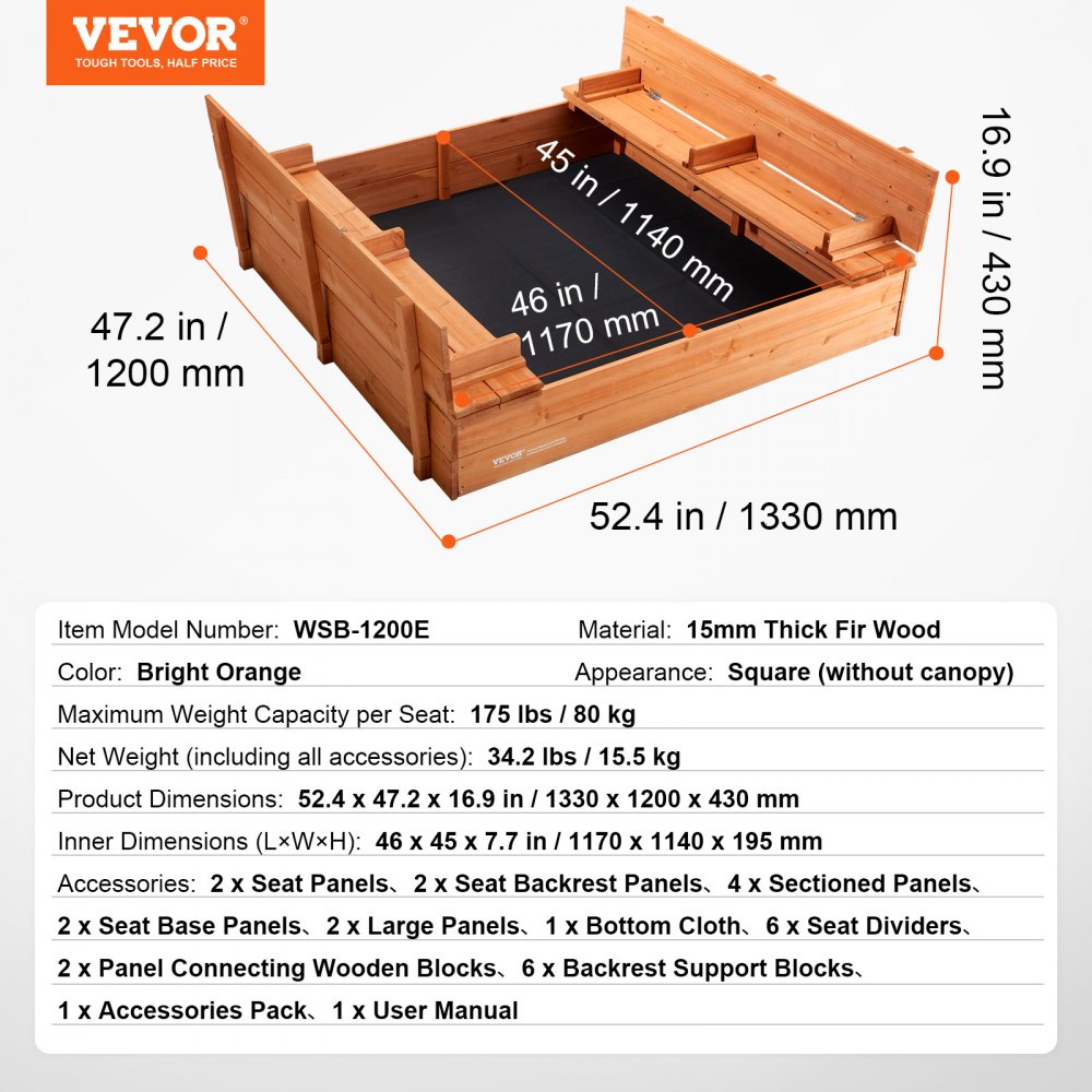 VEVOR Wooden Sandpit, 132 x 120 x 43 cm, Sandpit with Folding Benches and Ground Liner, Natural Wood Sandpit for Children for the Garden, Beach, Park, Gift for Boys and Girls Aged 3-12 Years