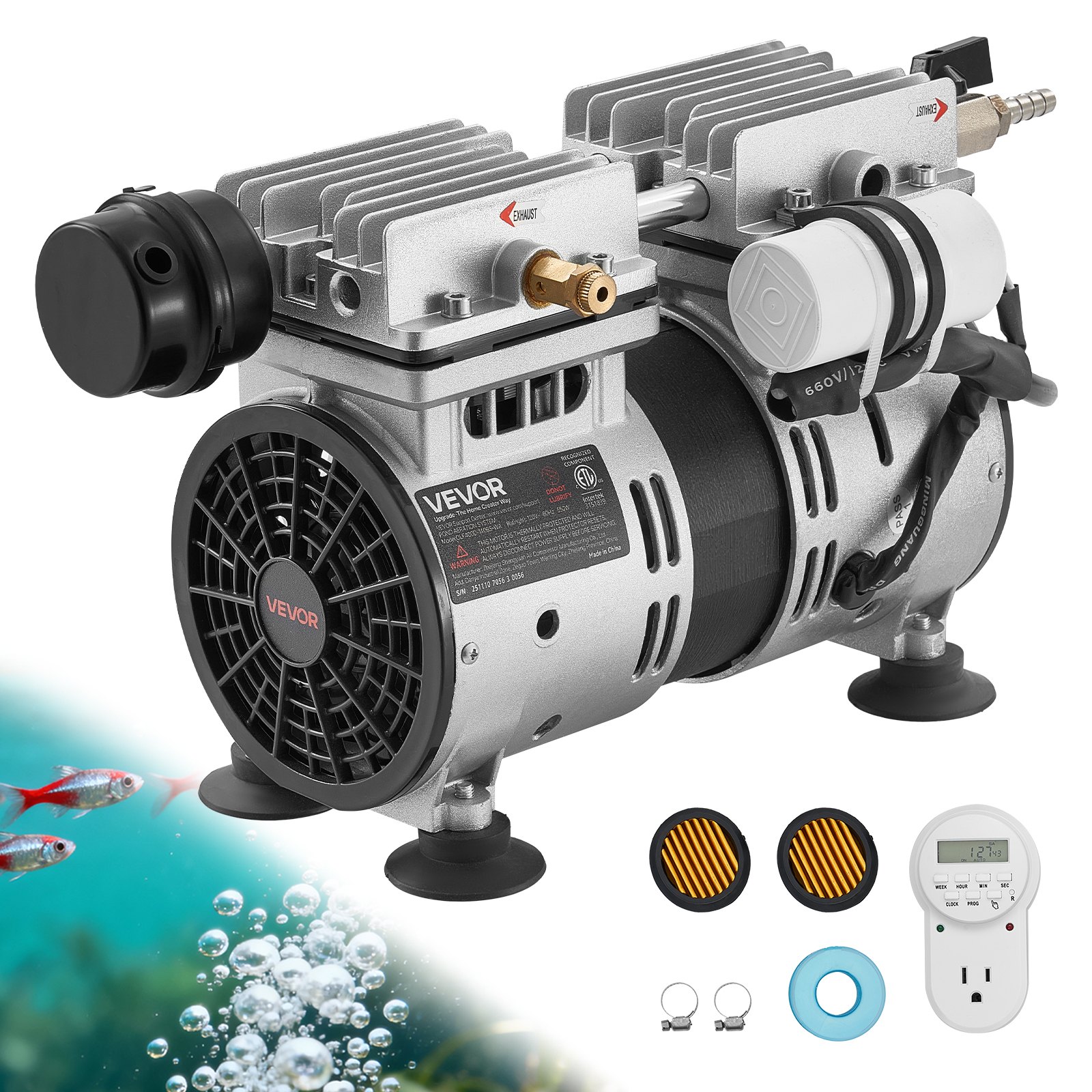 VEVOR Aeratore per Acqua di Laghetti Stagni Compressore d'Aria 590 W Velocità Nominale 1400 giri/min Pompa per Aerazione di Laghi Pressione max. 0,3 Mpa Set di Ossigenatore Acqua Temperatura -5℃-40℃