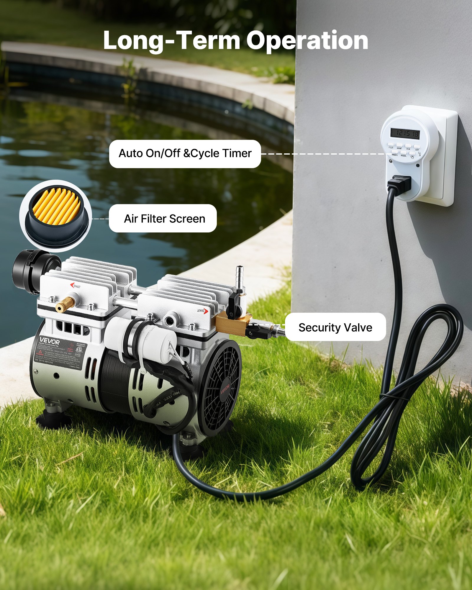 VEVOR Kit Sistema di Aerazione del Laghetto Kit Pompa Aria Aerazione per Stagni Compressore 590 W Lunghezza del Tubo d'Aria 30,5 m con Piastra Diffusore, Set di Ossigenatore Acqua