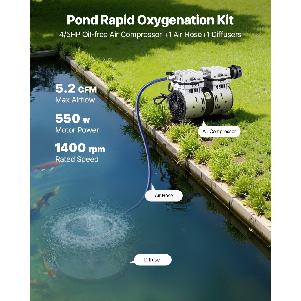 VEVOR Kit Pompa per Aerazione per Laghetti Stagni, Sistema di Aerazione da 550 W per Laghi Velocità 1400 giri/min Pompa Ossigenatore per Acqua Laghetti Circolazione di Ossigeno da Giardino