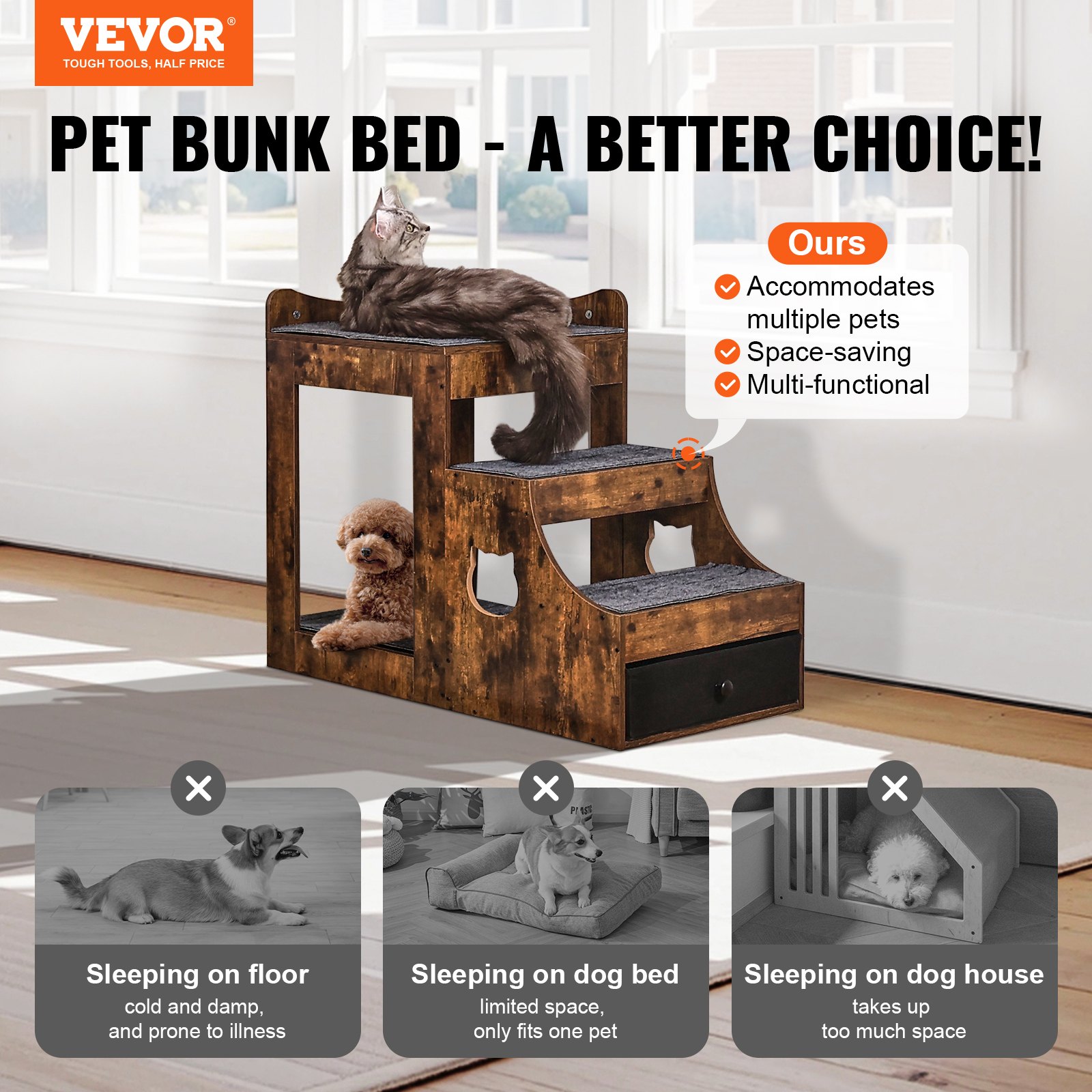 VEVOR Bunk Bed for Pets with Removable Stairs, Window Seat for Dogs/Cats with Storage, Multi-Level Bed, Dog Sleeper Sofa, Pet Seating Platform, 830 x 450 x 675 mm (Brown)