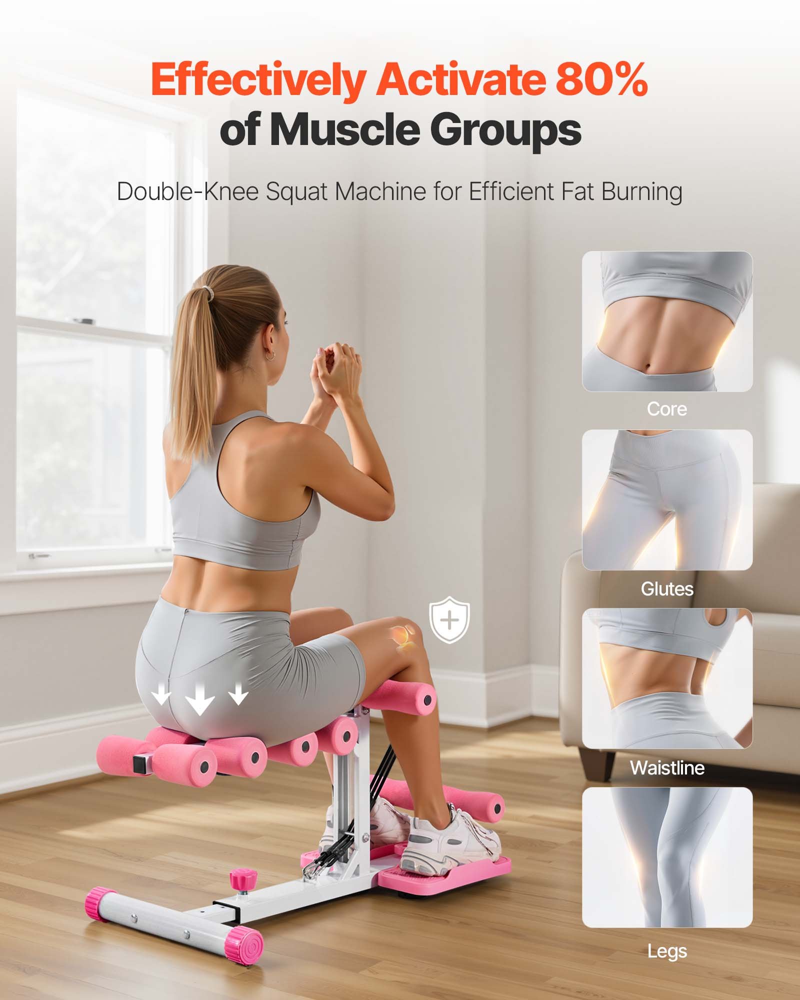 VEVOR Macchina per Squat Profondi, Allenatore per Glutei Regolabile con 3 Fasce di Resistenza ad Alta Resistenza, Allenatore Pieghevole per Core e Glutei, per Palestra Domestica, Rosa e Bianco