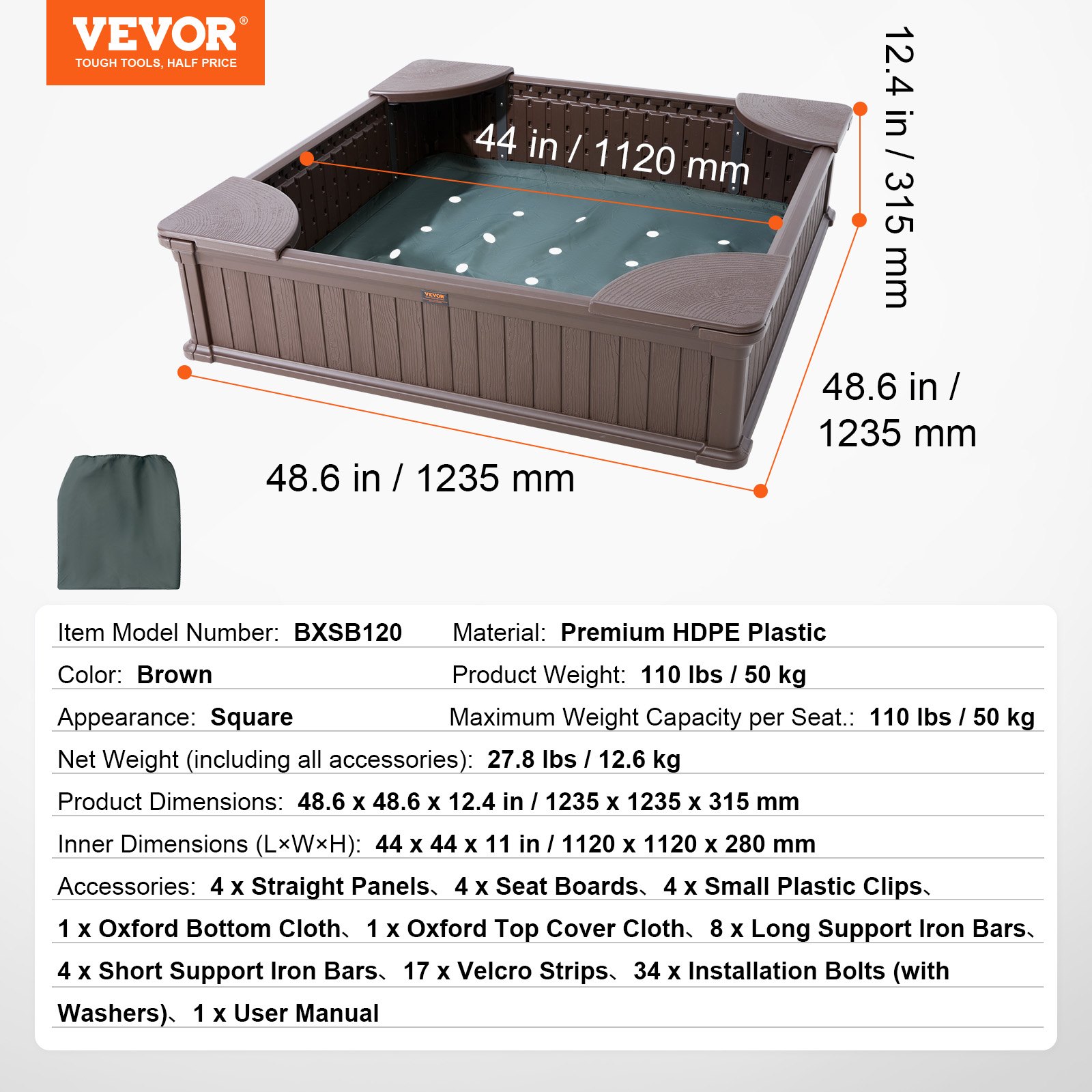 VEVOR Sandpit with Cover, Square Sandpit, HDPE Sandpit with 4 Corner Seats & Bottom Liner, Children's Sandpit, Gift for Boys and Girls Aged 3-12 Years, Brown