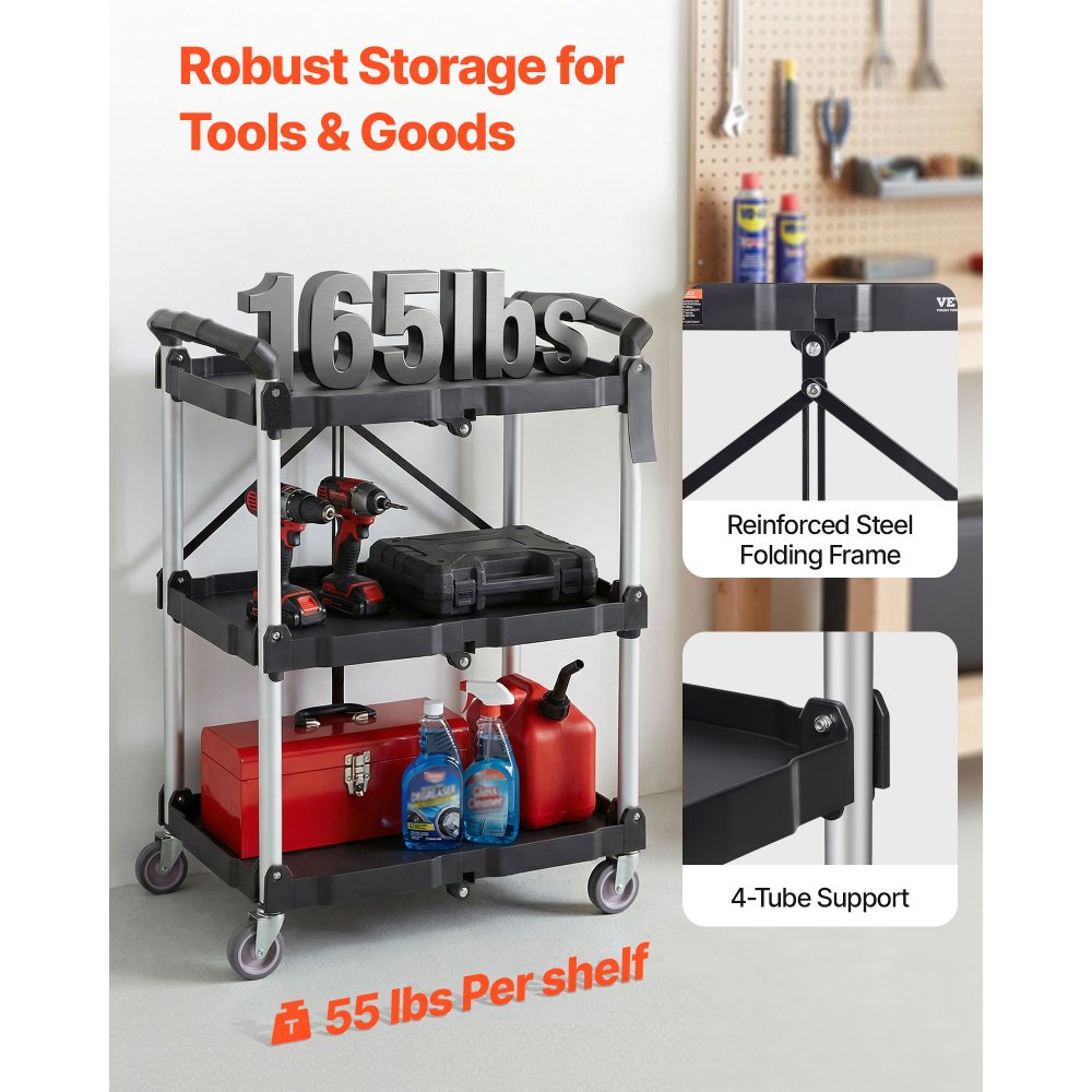 VEVOR Carrello di Servizio 65x39x83cm Carrello a Mano Multiuso 3 Ripiani Capacità Totale 74,8kg, Carrello a Portata con Ruote Girevoli 360° 2 Ruote con Freni, Carrello Portaoggetti da Garage Giardino