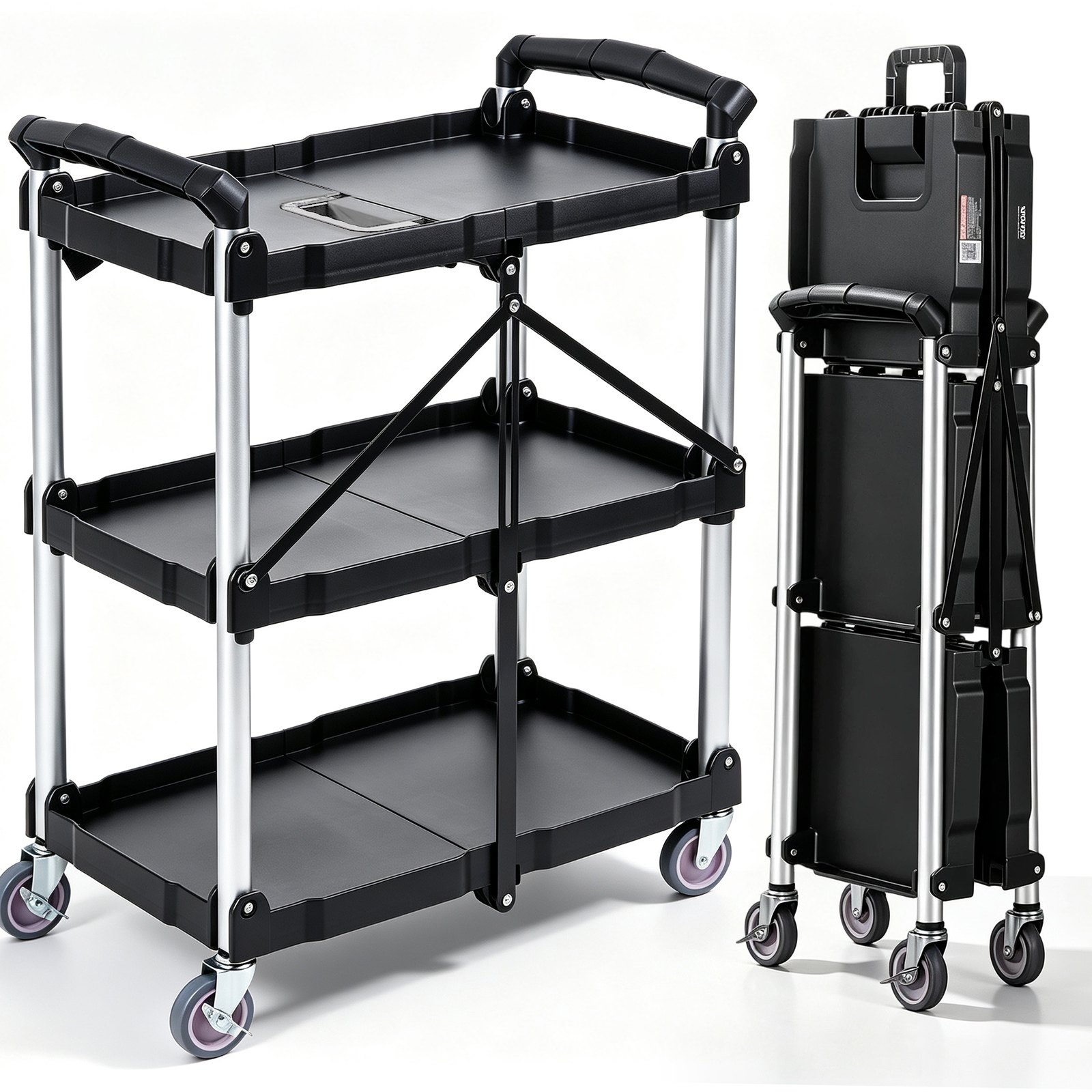 VEVOR Carrello di Servizio 65x39x83cm Carrello a Mano Multiuso 3 Ripiani Capacità Totale 74,8kg, Carrello a Portata con Ruote Girevoli 360° 2 Ruote con Freni, Carrello Portaoggetti da Garage Giardino