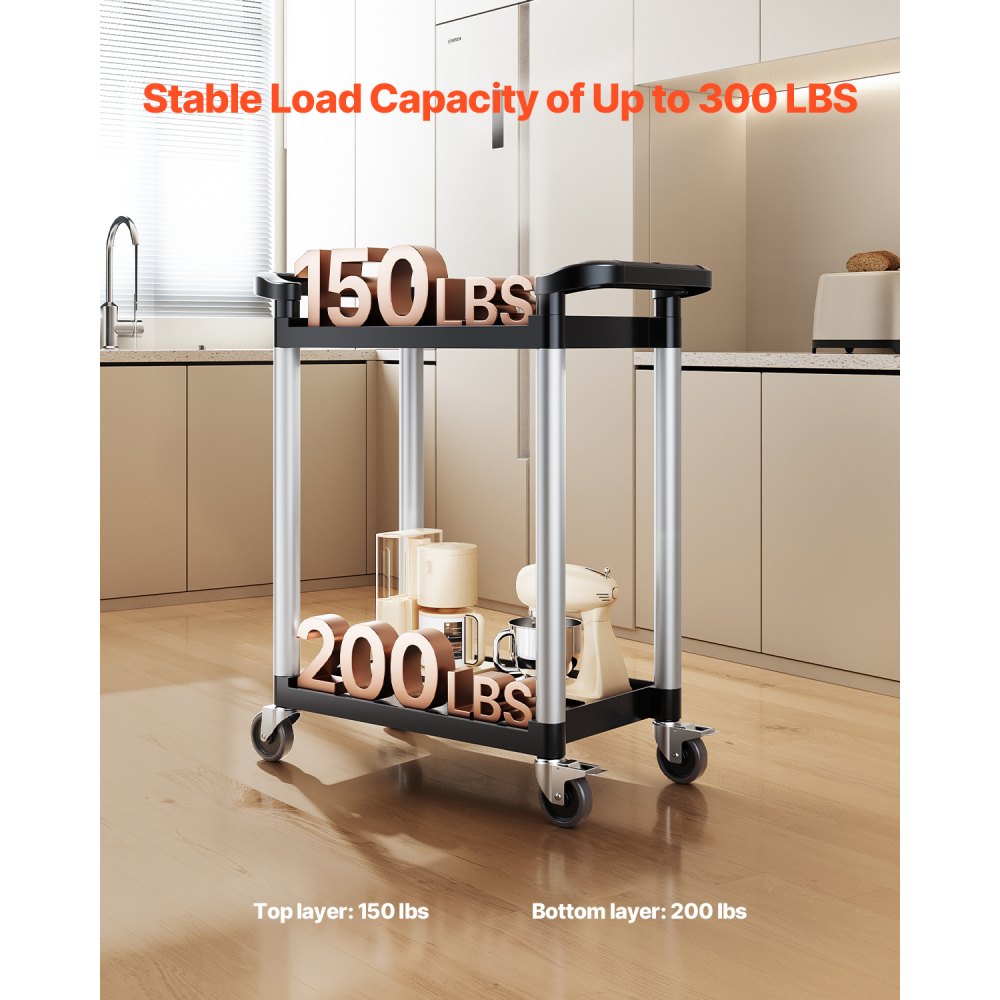VEVOR multi-purpose trolley, 136 kg load capacity, 2-tier universal trolley made of plastic with 360° swivel casters (2 with brakes), 800x410x945 mm serving trolley for warehouse, office, home, restaurant, kitchen