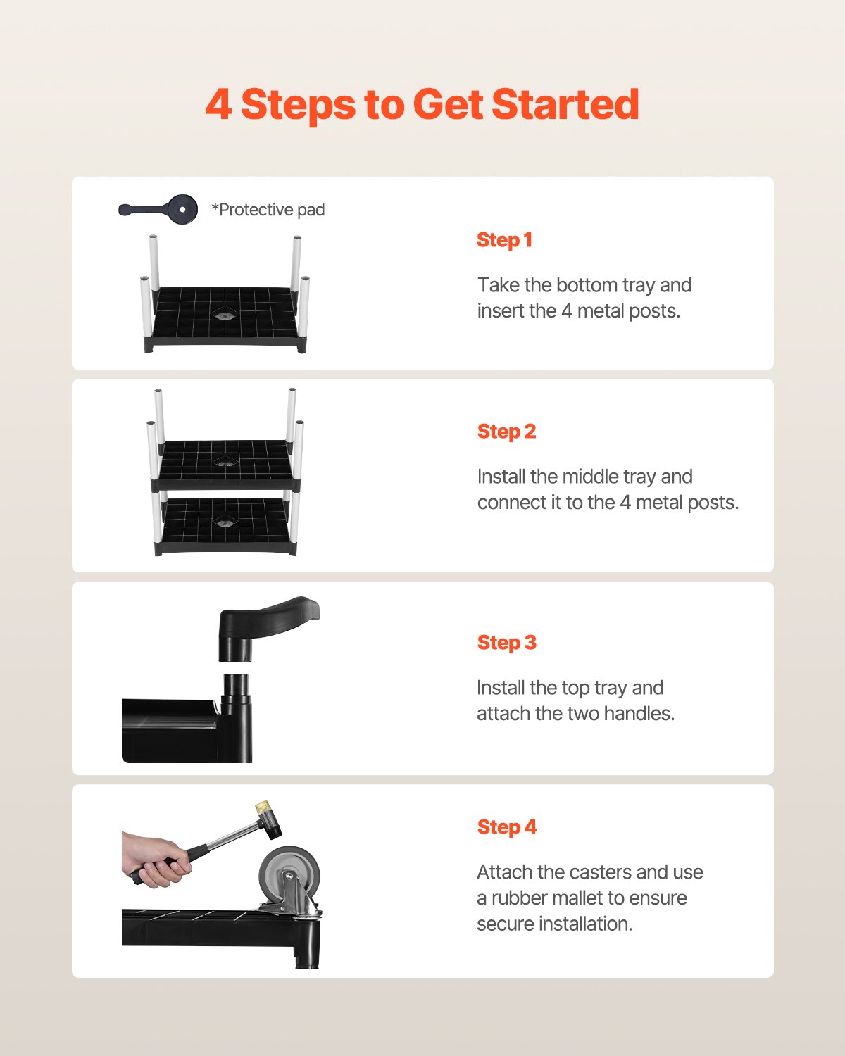 VEVOR Universal Trolley, 136 kg, 3-Tier Universal Trolley made of Plastic with 360° Swivel Wheels (2 with Brakes), 880x410x990 mm Large Serving Trolley for Warehouse, Office, Home, Restaurant, Kitchen