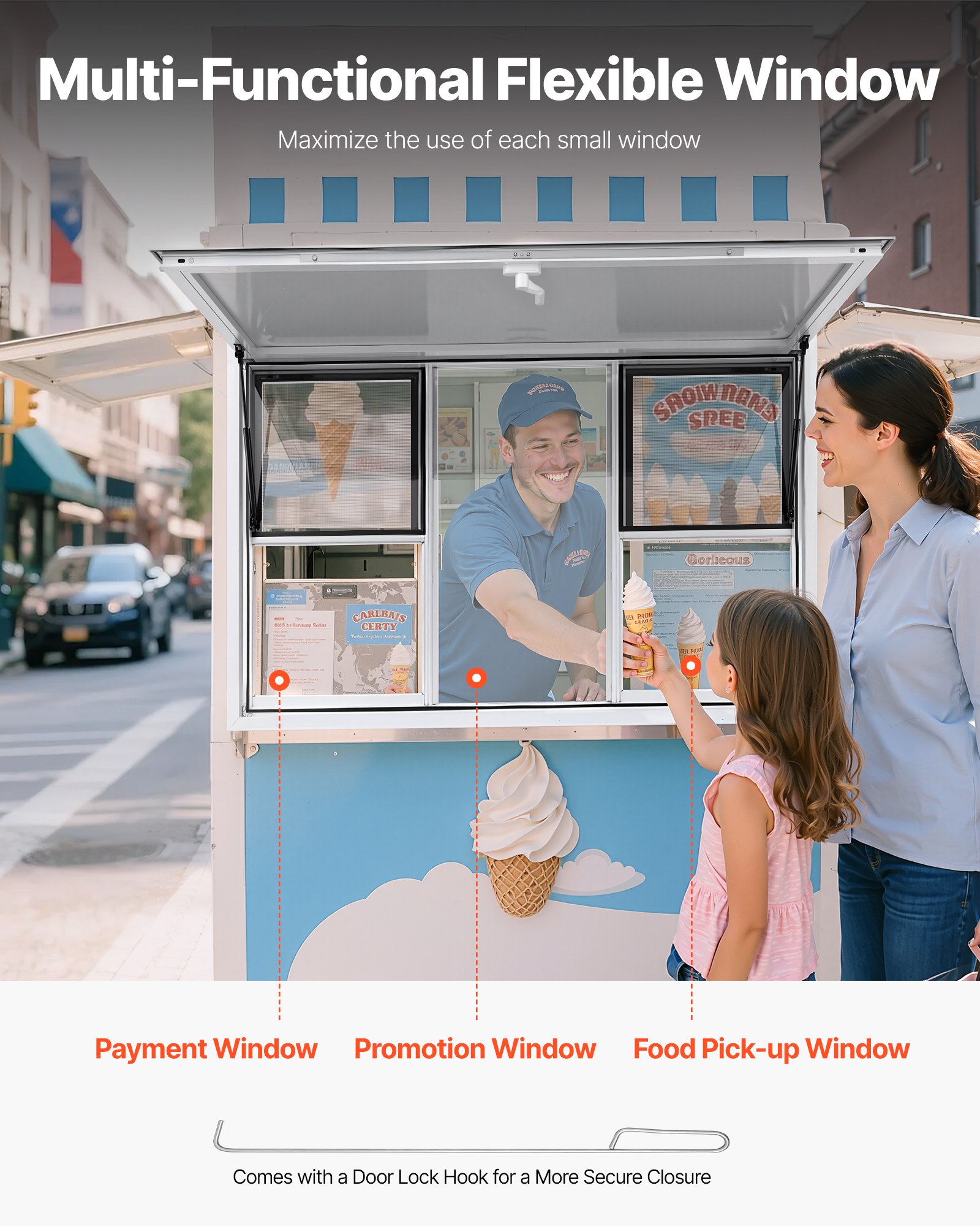 VEVOR Sportello per Concessioni da 1524 x 915 mm Finestra per Camion di Cibo in Lega di Alluminio, Apertura Fino a 85 Gradi con 6 Finestre Scorrevoli, Porta a Tenda e Gancio di Traino