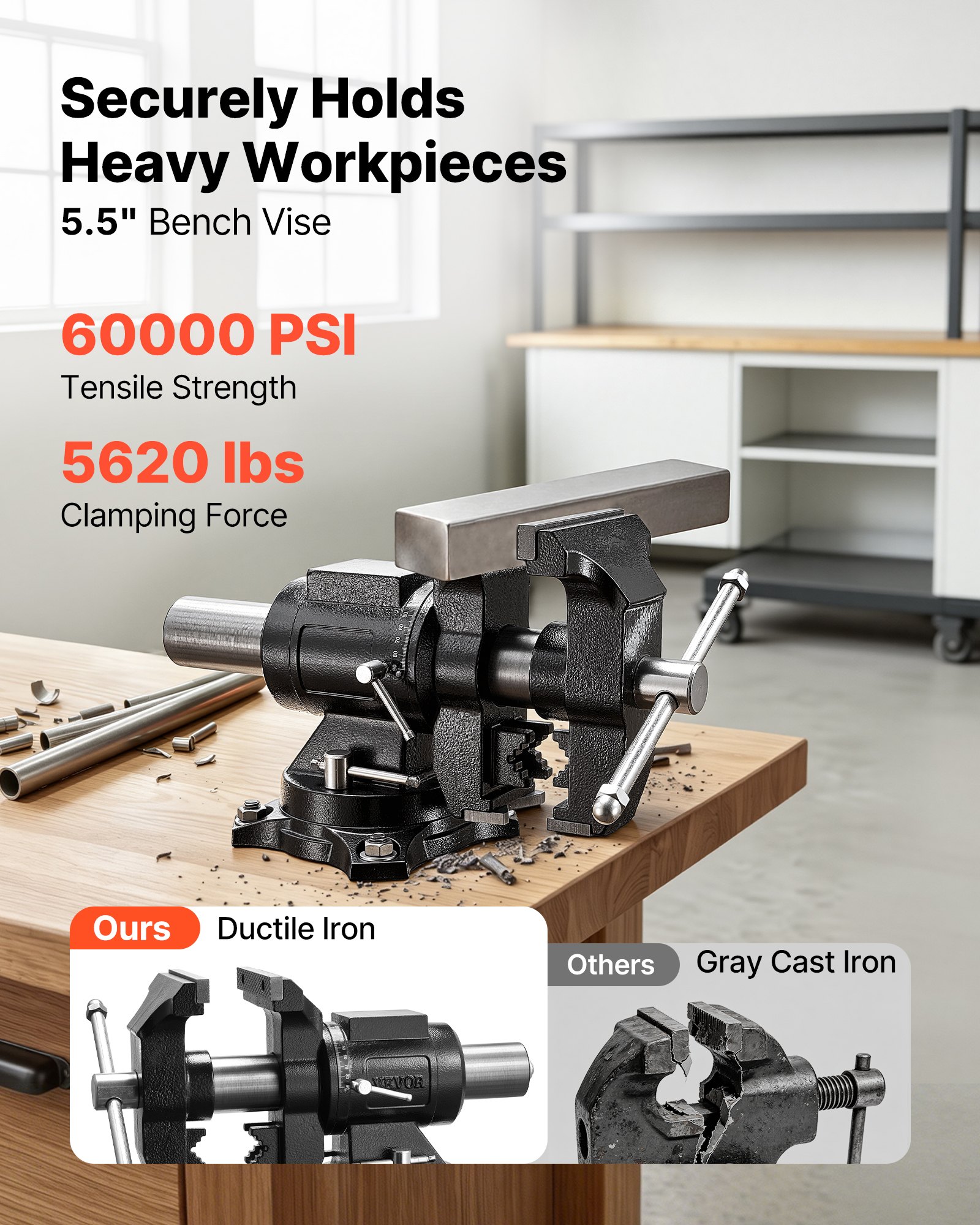VEVOR Morsa da Banco Taglio Foratura Testa Base Girevole Larghezza 140 mm, Morsa da Tavolo Rotante Base in Ghisa Sferoidale Profondità Gola 70 mm, Apertura Ganasce 125 mm, Forza Serraggio max 25 kN