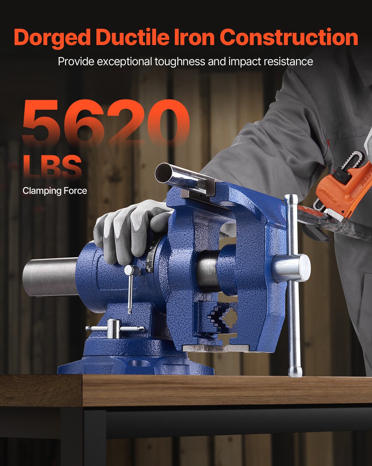 VEVOR Morsa per Carichi Pesanti, Larghezza Ganascia 165 mm Apertura Massima Ganascia 125 mm, Morsa in Ferro Duttile con Incudine, Testa Base Girevole a 360°, per Riparazione Tubi Lavorazione Metalli