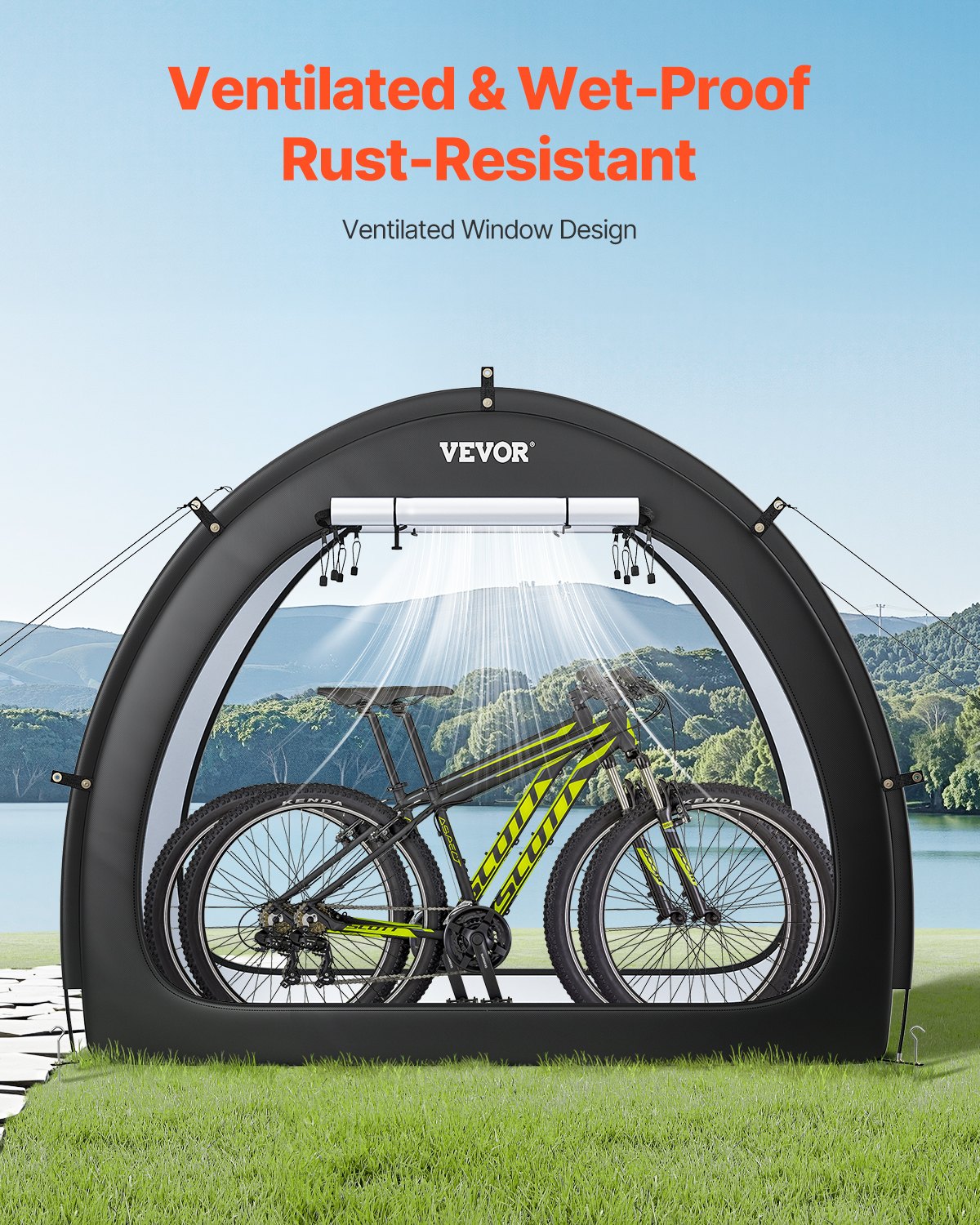 VEVOR Spaziosa Tenda per Riporre le Bici all'Aperto con Finestra Ventilata, Tenda Impermeabile a Forma di Ventaglio con Fibra di Vetro e Doppie Cerniere da 1 a 2 Bici, 1706 x 2011 x 792 mm
