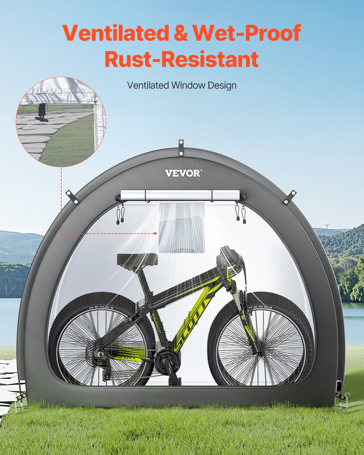 VEVOR Spaziosa Tenda per Riporre le Bici all'Aperto con Finestra Ventilata, Tenda Impermeabile a Forma di Ventaglio con Fibra di Vetro e Doppie Cerniere da 4 a 5 Bici, 1706 x 2133 x 1524 mm