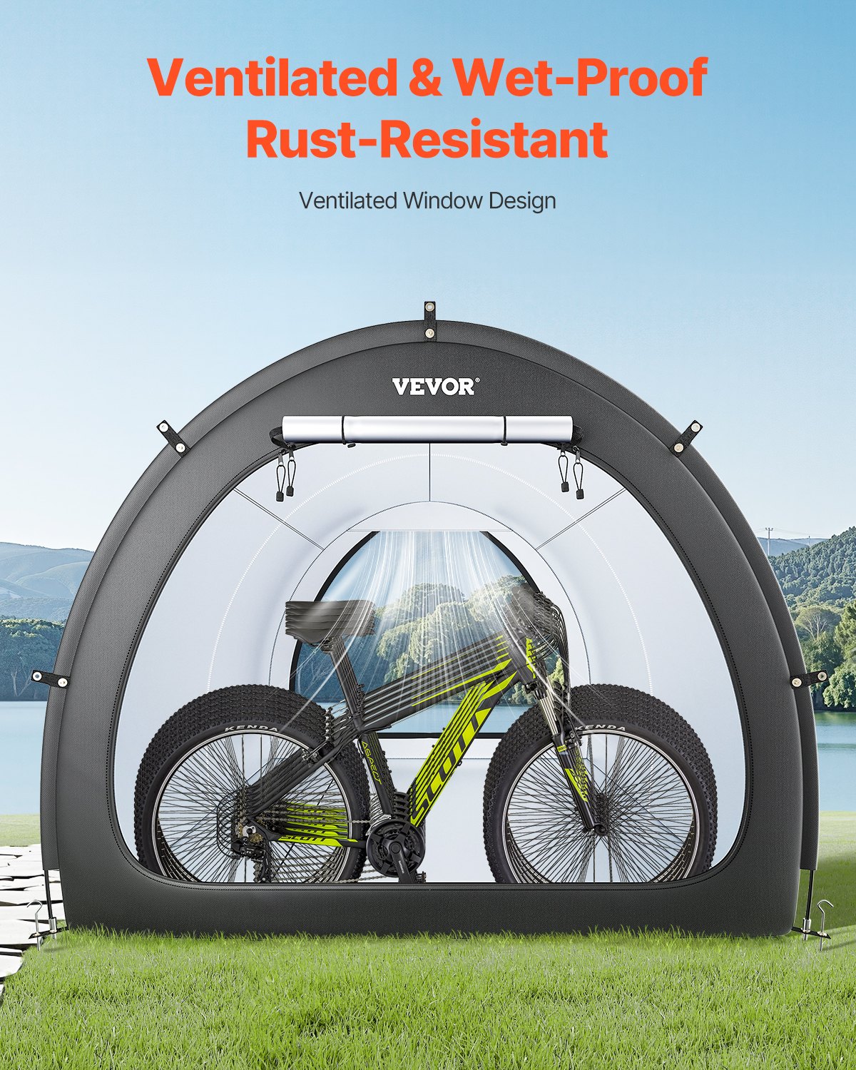 VEVOR Spaziosa Tenda per Riporre le Bici all'Aperto con Finestra Ventilata, Tenda Impermeabile a Forma di Ventaglio con Fibra di Vetro e Doppie Cerniere Più di 5 Bici, 1706 x 2133 x 2438 mm