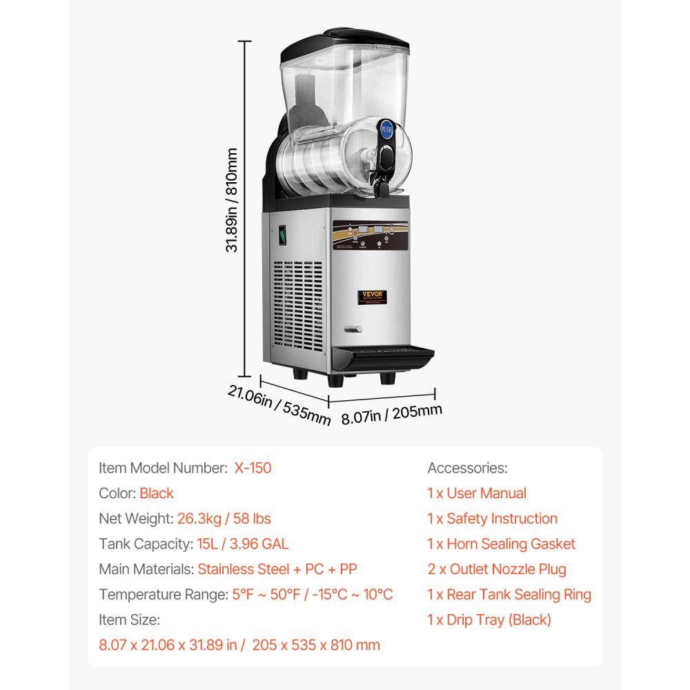 VEVOR Commercial Slushie Machine, 1 x 15L Slushie Machine 500W 220V, Slushie Machine with Removable Tray and Digital Smart Panel, Commercial Slushie Machine