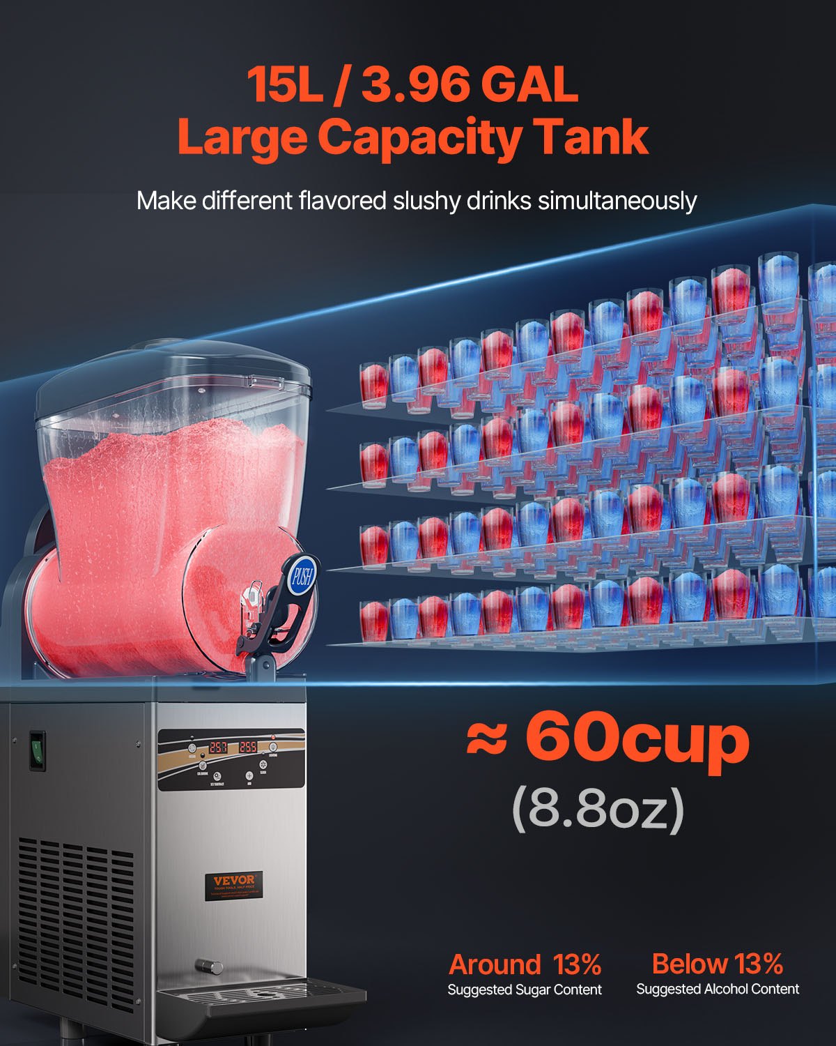 VEVOR Commercial Slushie Machine, 1 x 15L Slushie Machine 500W 220V, Slushie Machine with Removable Tray and Digital Smart Panel, Commercial Slushie Machine