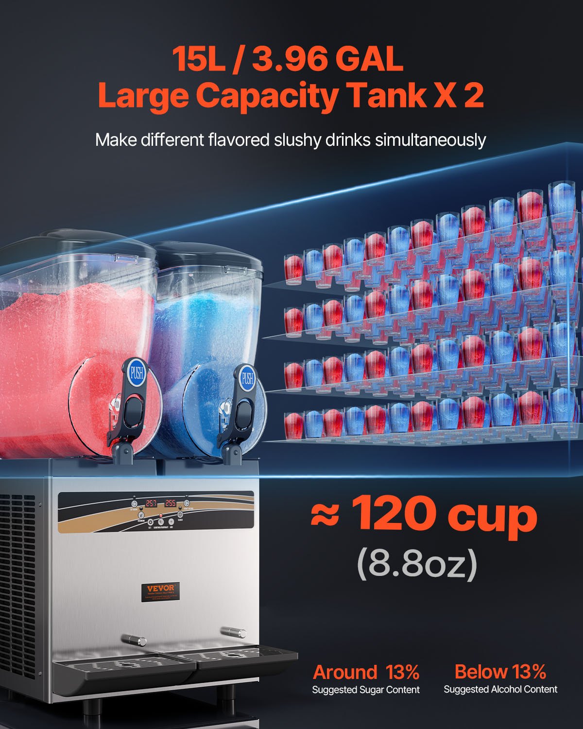 VEVOR Commercial Slushie Machine, 2 x 15L Slushie Maker, 120 Cup Stainless Steel Frozen Drink Maker for Home Parties, Restaurants, Cafes, and Bars