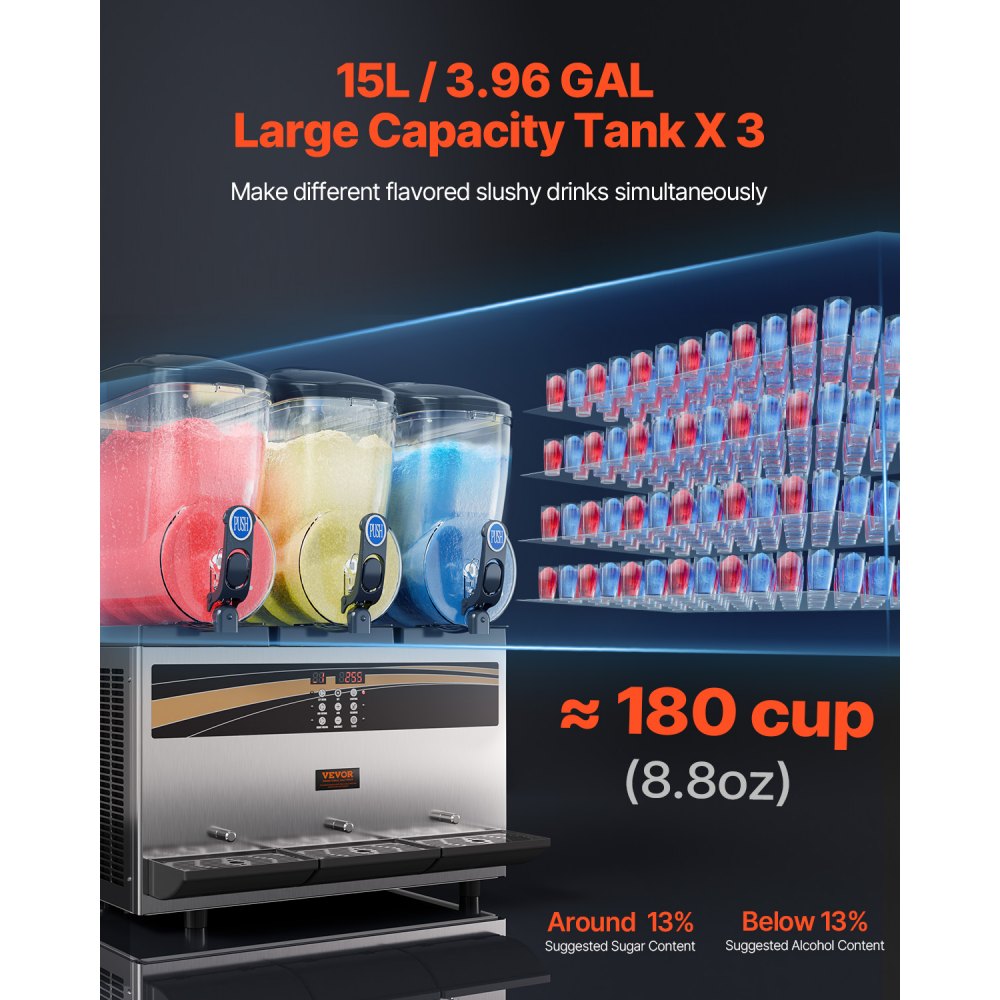 VEVOR Commercial Slushie Machine, 3 x 15 L Slushie Machine 800W 220V, Slushie Machine with Removable Tray and Digital Smart Panel, Commercial Slushie Machine