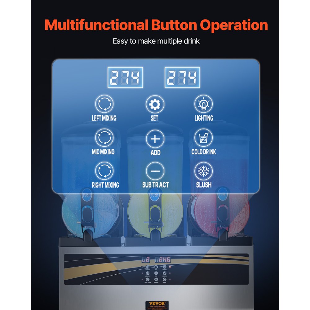 VEVOR Commercial Slushie Machine, 3 x 15 L Slushie Machine 800W 220V, Slushie Machine with Removable Tray and Digital Smart Panel, Commercial Slushie Machine