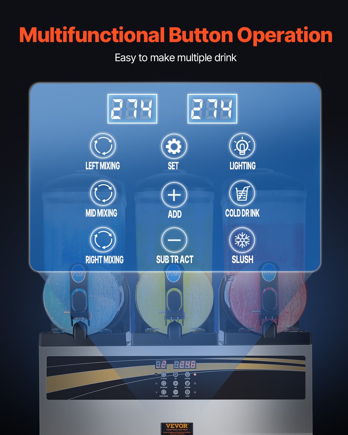 VEVOR Commercial Slushie Machine, 3 x 15 L Slushie Machine 800W 220V, Slushie Machine with Removable Tray and Digital Smart Panel, Commercial Slushie Machine