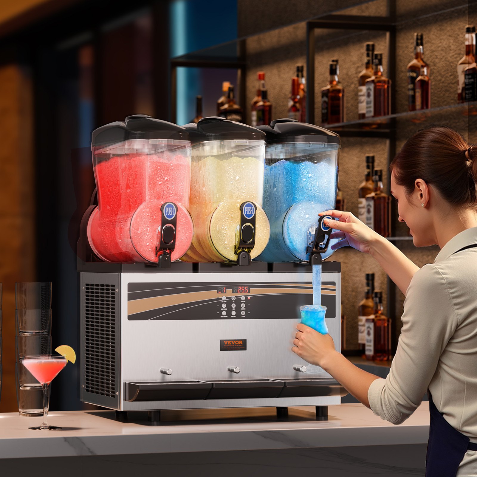 VEVOR Commercial Slushie Machine, 3 x 15 L Slushie Machine 800W 220V, Slushie Machine with Removable Tray and Digital Smart Panel, Commercial Slushie Machine