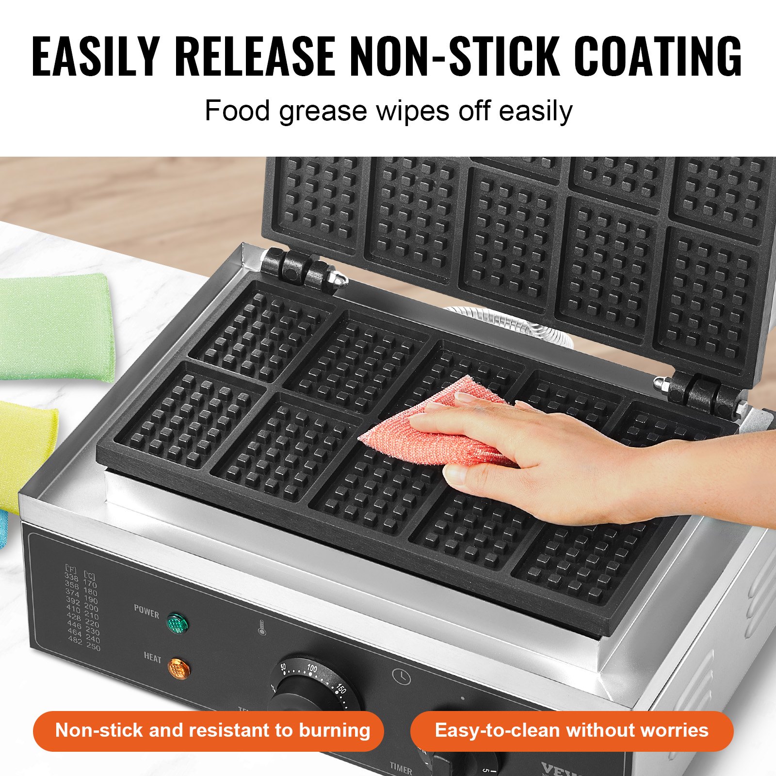 VEVOR Macchina per Waffle Commerciale, 10 pezzi per Waffle Rettangolare, Piastra Waffle Belga in Acciaio Inox Antiaderente 1550 W con Controllo Temperatura Tempo, Maniglia, per Ristorante, Panetteria