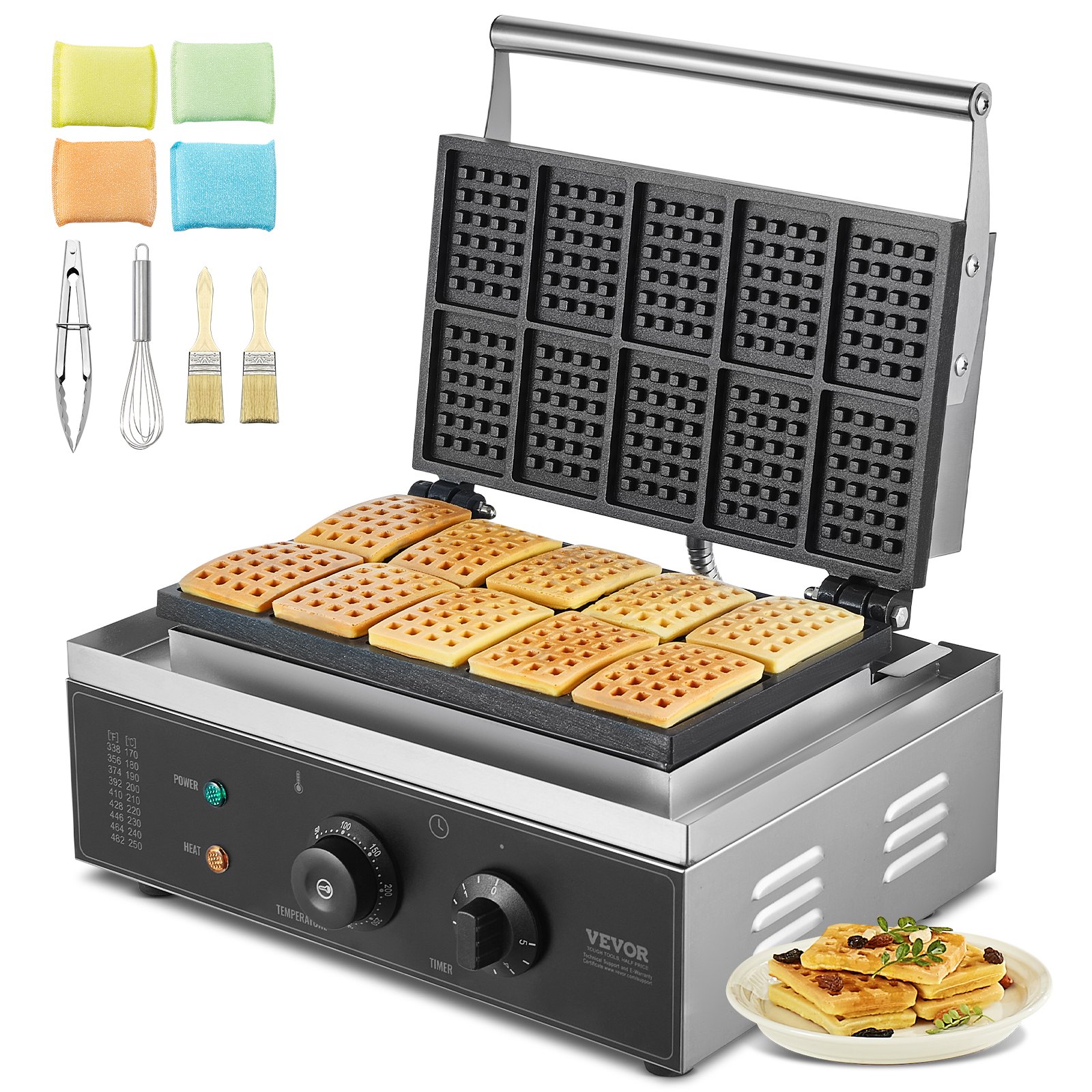 VEVOR Macchina per Waffle Commerciale, 10 pezzi per Waffle Rettangolare, Piastra Waffle Belga in Acciaio Inox Antiaderente 1550 W con Controllo Temperatura Tempo, Maniglia, per Ristorante, Panetteria