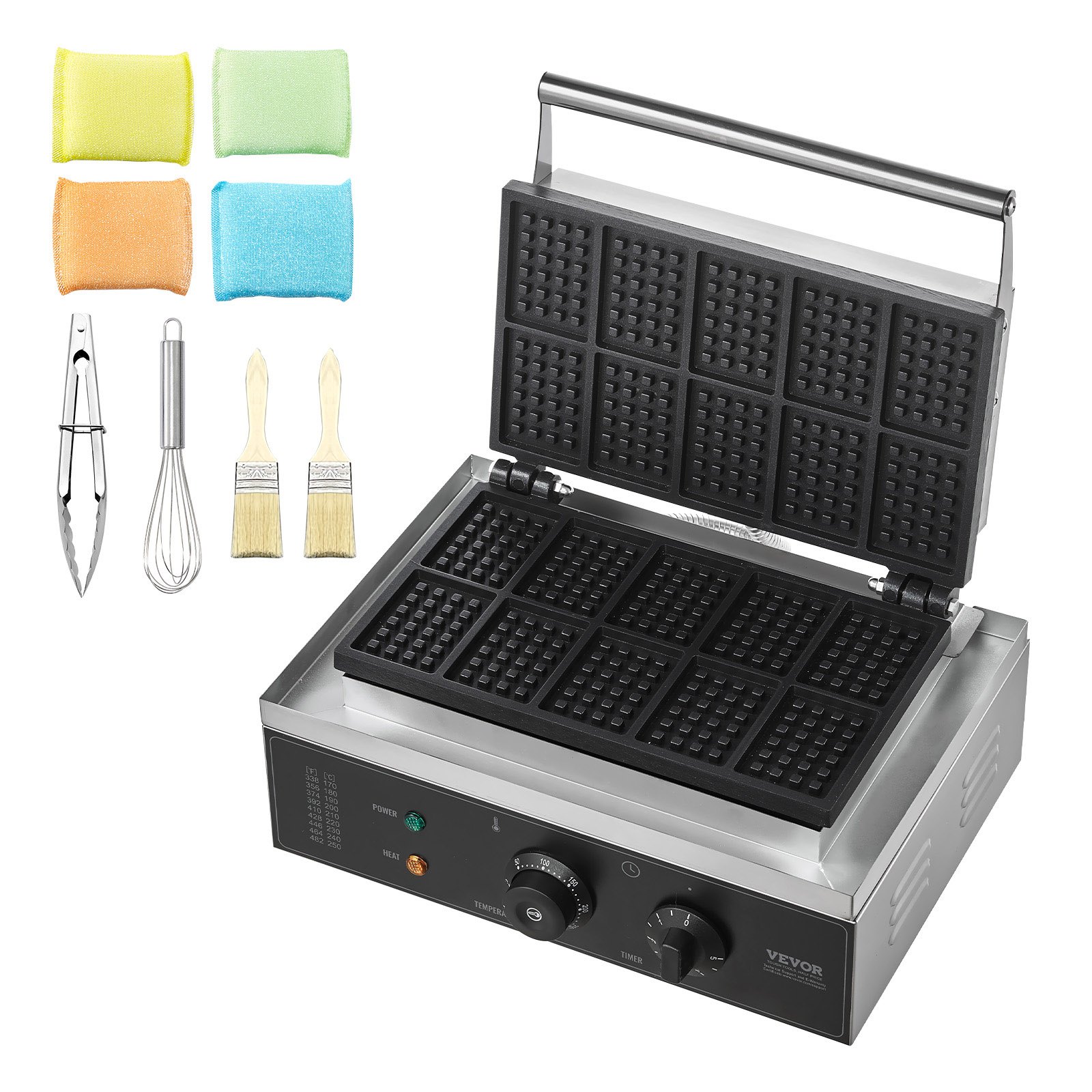 VEVOR Macchina per Waffle Commerciale, 10 pezzi per Waffle Rettangolare, Piastra Waffle Belga in Acciaio Inox Antiaderente 1550 W con Controllo Temperatura Tempo, Maniglia, per Ristorante, Panetteria