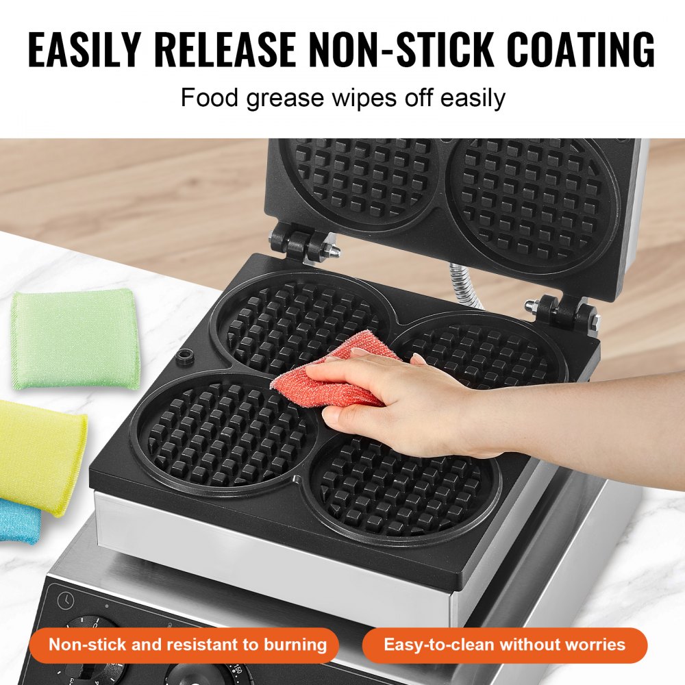 VEVOR Macchina per Waffle Belga Rotonda Commerciale, 4 Pezzi per Waffle, Piastra per Waffle in Acciaio Inox Antiaderente 1750 W con Controllo Temperatura Tempo, per Ristoranti Panetterie Snack Bar