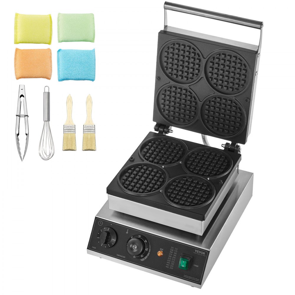 VEVOR Macchina per Waffle Belga Rotonda Commerciale, 4 Pezzi per Waffle, Piastra per Waffle in Acciaio Inox Antiaderente 1750 W con Controllo Temperatura Tempo, per Ristoranti Panetterie Snack Bar