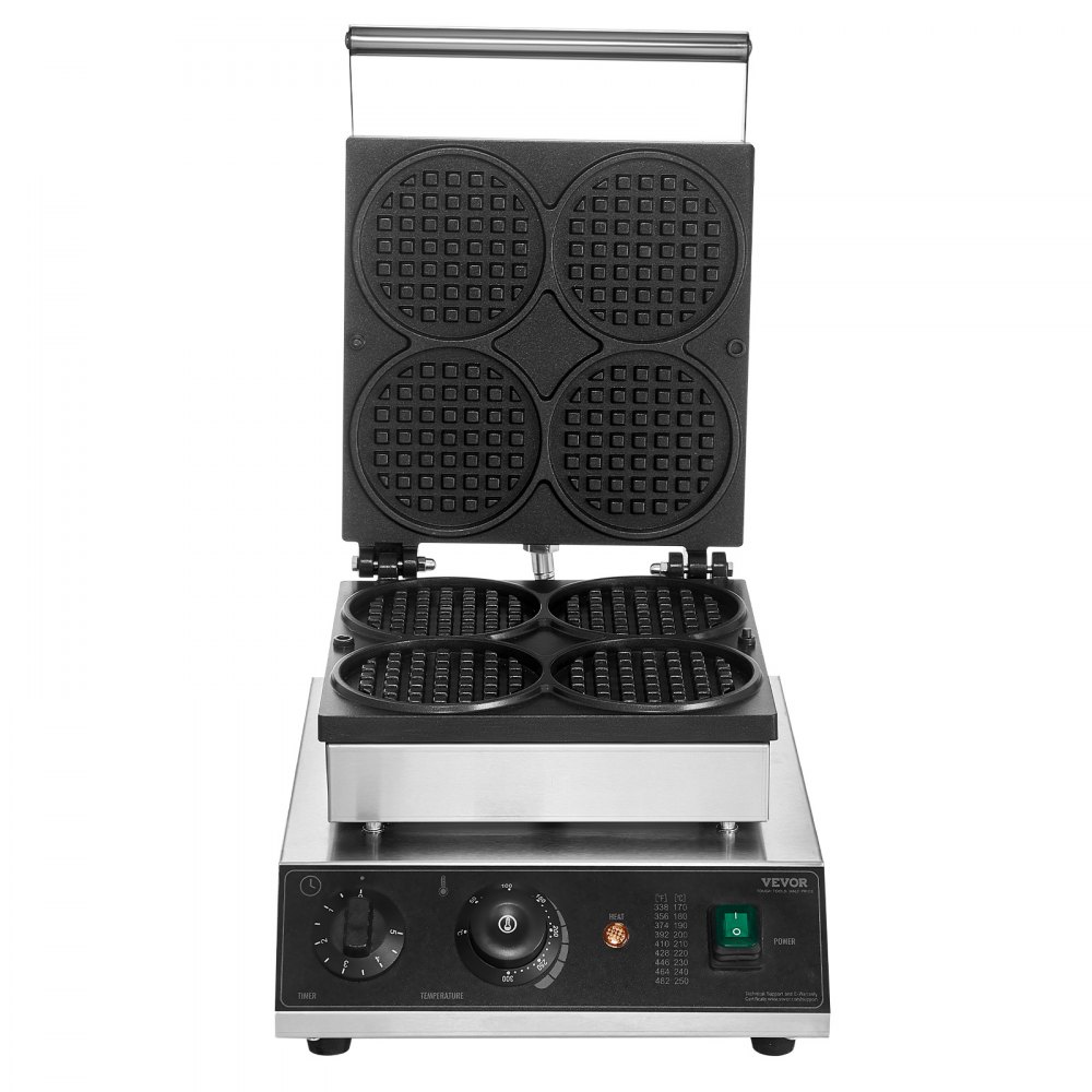 VEVOR Macchina per Waffle Belga Rotonda Commerciale, 4 Pezzi per Waffle, Piastra per Waffle in Acciaio Inox Antiaderente 1750 W con Controllo Temperatura Tempo, per Ristoranti Panetterie Snack Bar