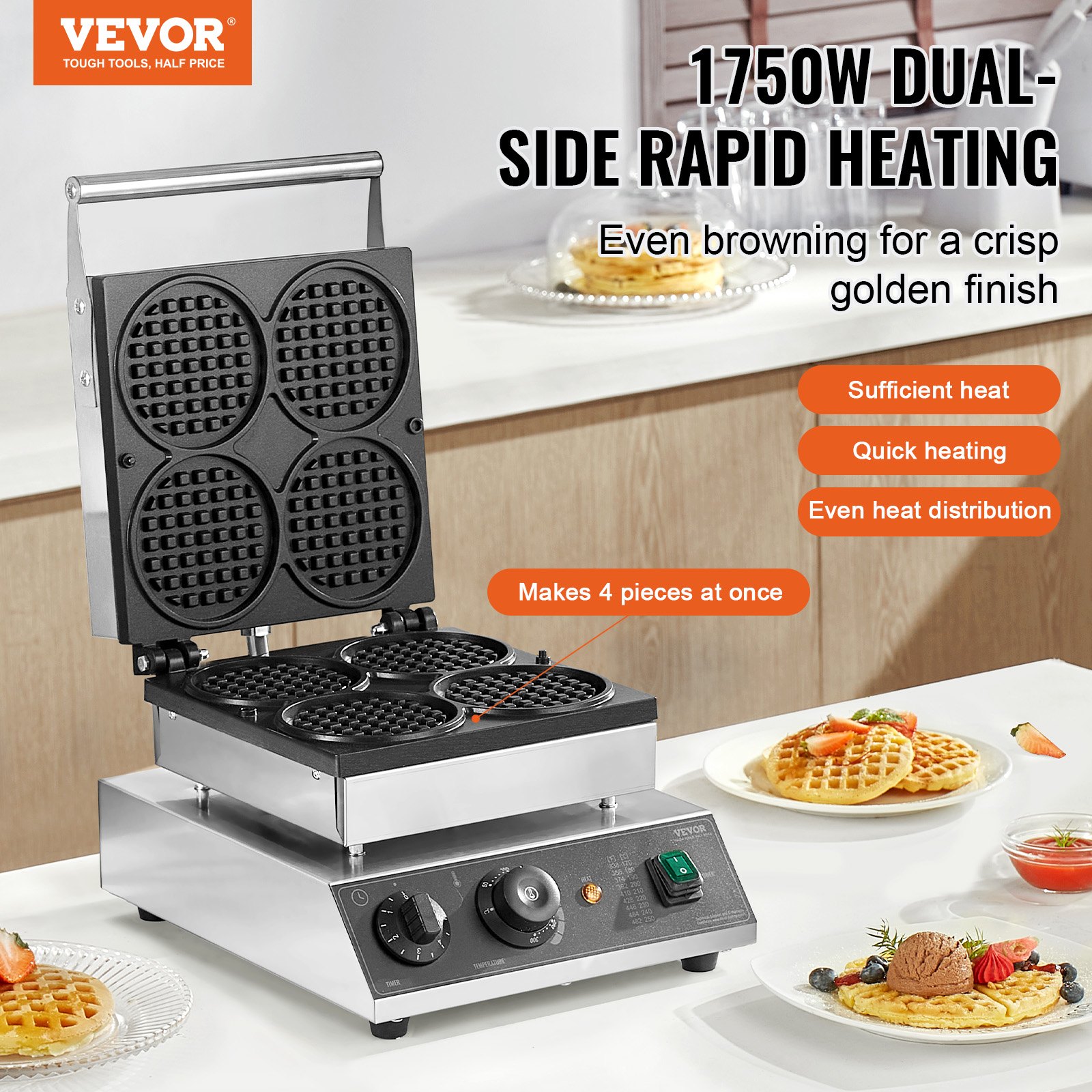 VEVOR Macchina per Waffle Belga Rotonda Commerciale, 4 Pezzi per Waffle, Piastra per Waffle in Acciaio Inox Antiaderente 1750 W con Controllo Temperatura Tempo, per Ristoranti Panetterie Snack Bar