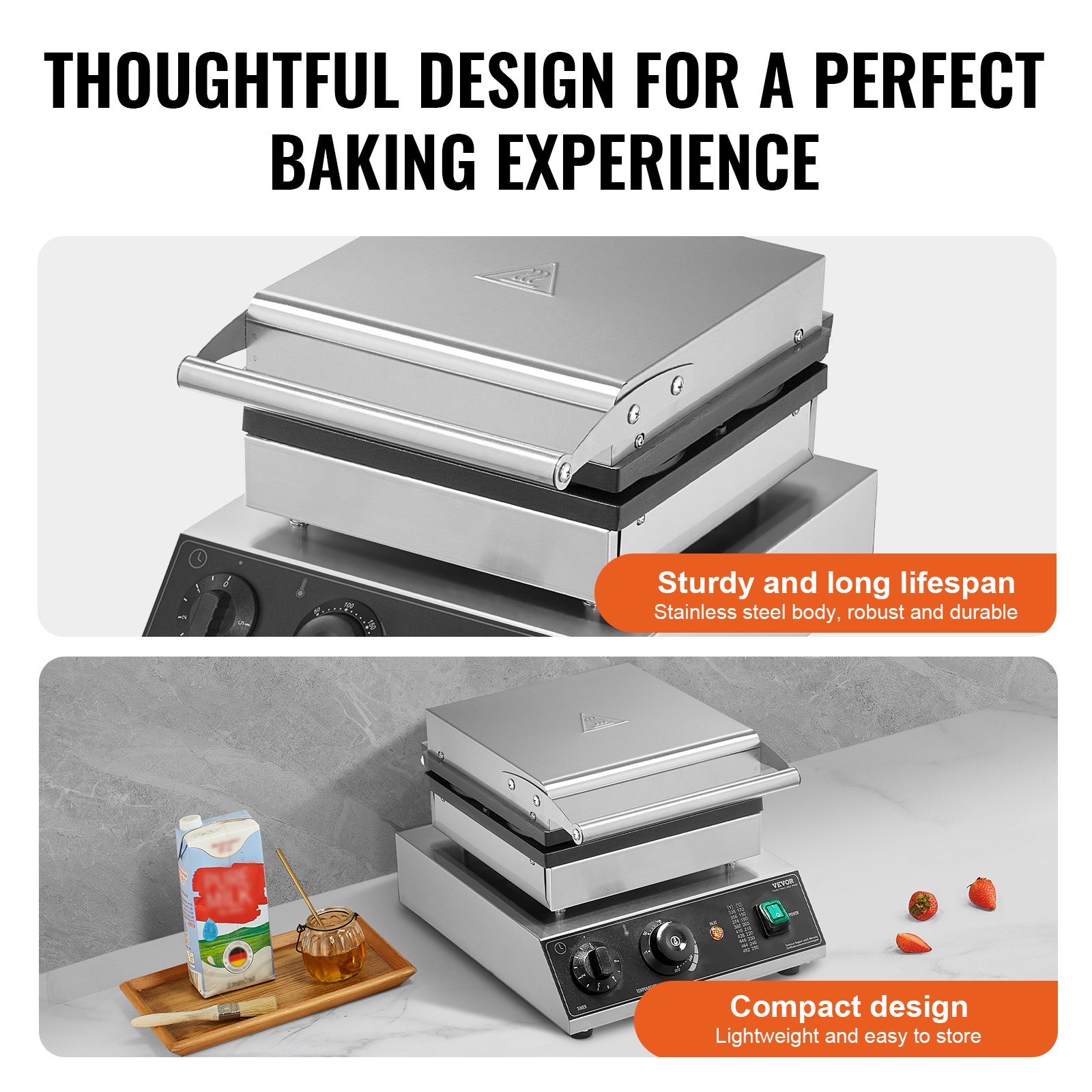 VEVOR Macchina per Waffle Belga Rotonda Commerciale, 4 Pezzi per Waffle, Piastra per Waffle in Acciaio Inox Antiaderente 1750 W con Controllo Temperatura Tempo, per Ristoranti Panetterie Snack Bar
