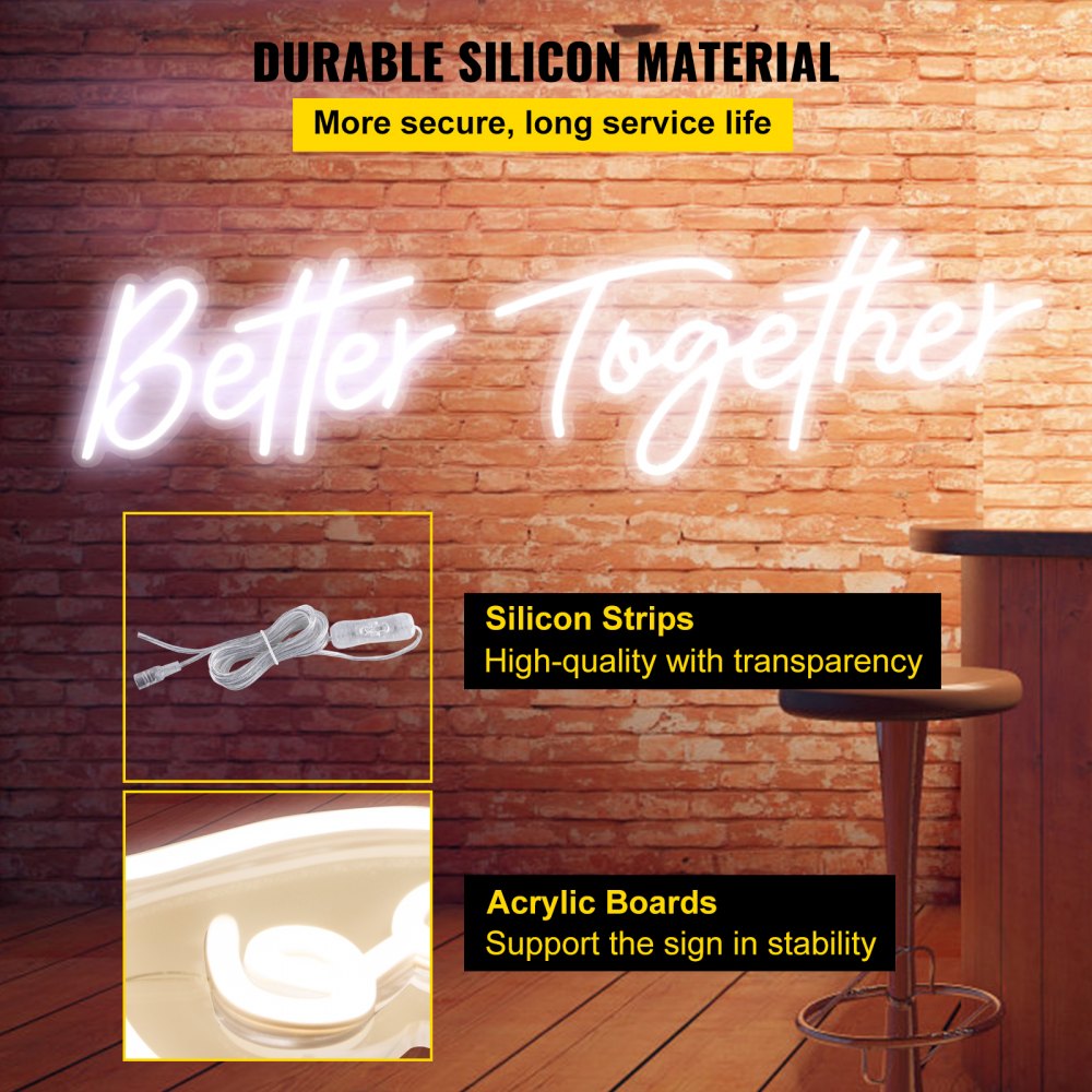 VEVOR Insegna al Neon a Led Luce Notturna Better Together, Potenza 20 W 100-240 V Insegne al Neon Bianco 2 Parole in Silicone e Acrilico per Feste, Matrimoni, Uffici, bar, Caffè, Finestre e Ristoranti