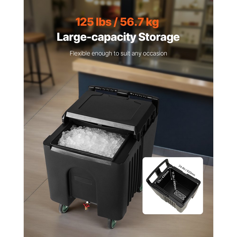 VEVOR Commercial Portable Ice Container, 56.7 kg Load Capacity (80 x 58 x 74 cm), Stainless Steel Ice Box with 4 Wheels and Sliding Lid, Refrigerated Cart for Bar, Restaurant, Kitchen