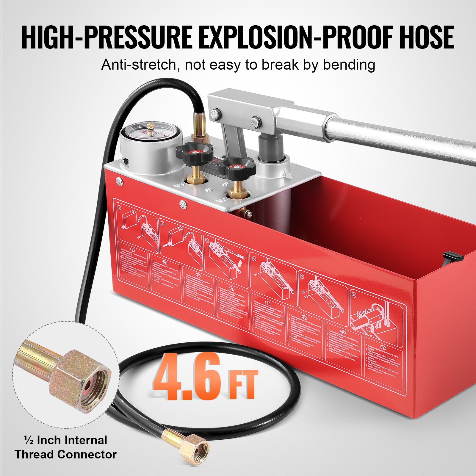 VEVOR Pompa di Prova Idrostatica, Max 25 Bar/362 PSI, Kit Tester Manuale della Pressione dell'Acqua Idraulica a Doppia Valvola con Manometro Serbatoio Acqua da 2,8 Gal, Tubo da 1,4 m