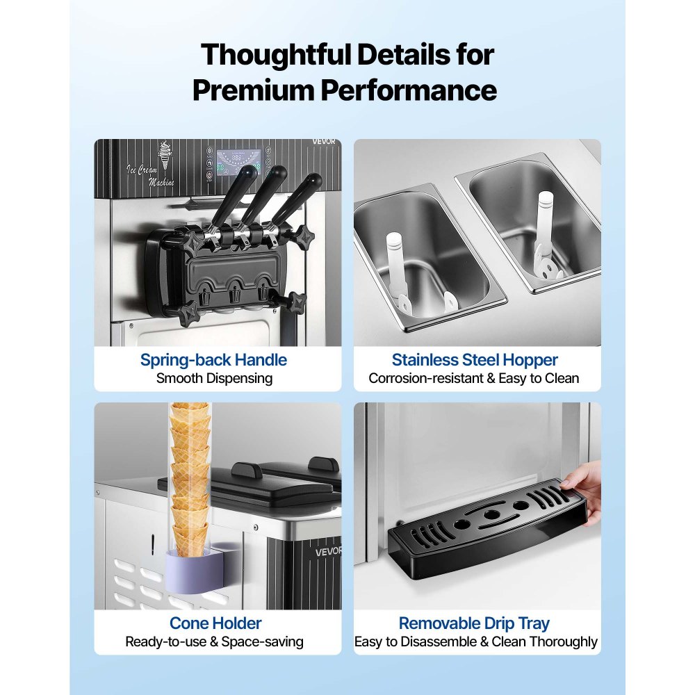 VEVOR Macchina per Gelato Soft Commerciale 2200 W da Banco Pruduzione 20-28 L/h, Macchina per Gelato Morbido Pre-Raffreddamento Autopulente Display LED Unità da Tavolo per Bar Ristorante Albergo Hotel