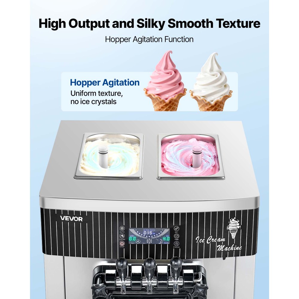 VEVOR Commercial Ice Cream Machine, 20-28L/H Yield, 2200W 3-Flavor Freestanding Soft Serve Ice Cream Maker with 2 x 6L Hoppers & Hopper Agitation, Pre-Cooling Self-Cleaning for Snack Dessert Shops