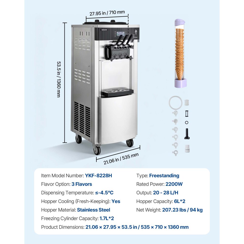 VEVOR Commercial Ice Cream Machine, 20-28L/H Yield, 2200W 3-Flavor Freestanding Soft Serve Ice Cream Maker with 2 x 6L Hoppers & Hopper Agitation, Pre-Cooling Self-Cleaning for Snack Dessert Shops
