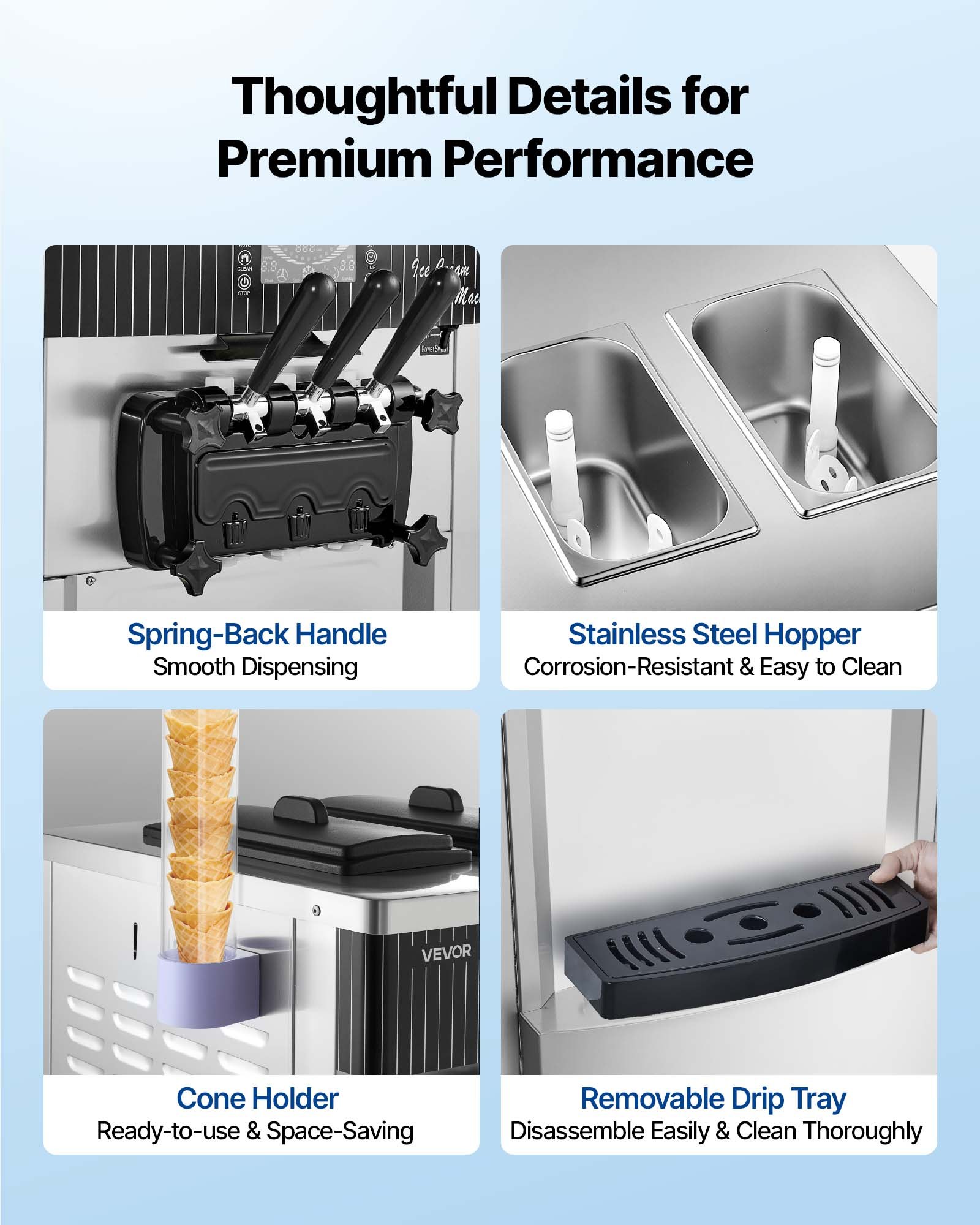 VEVOR Commercial Ice Cream Machine, 20-28L/H Yield, 2200W 3-Flavor Freestanding Soft Serve Ice Cream Maker with 2 x 6L Hoppers & Hopper Agitation, Pre-Cooling Self-Cleaning for Snack Dessert Shops