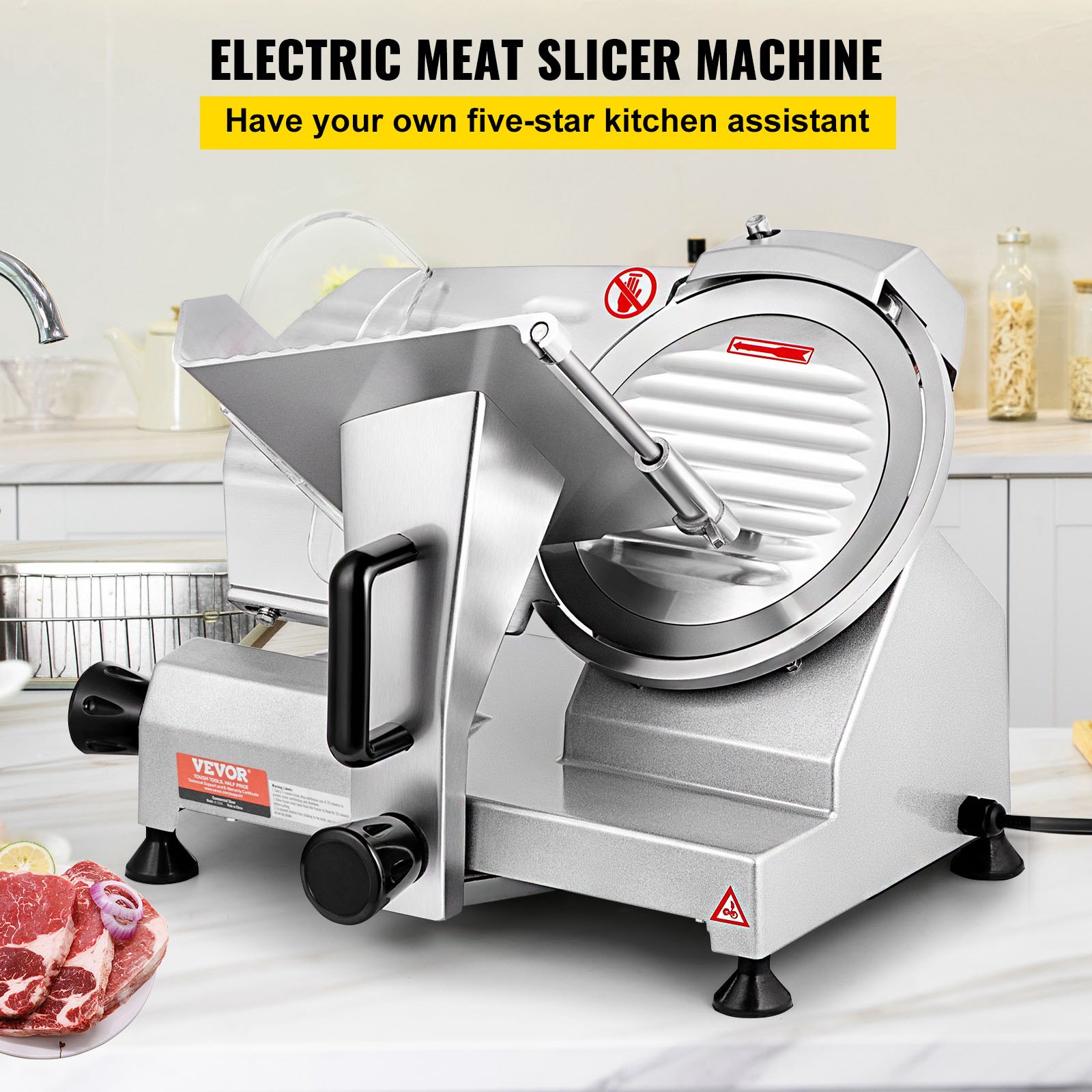 VEVOR Commercial Meat Slicer 200W, Electric Slicer Food Cutter with 20.32cm Carbon Steel Blade, 0-12mm Adjustable Thickness for Meat, Cheese, etc.