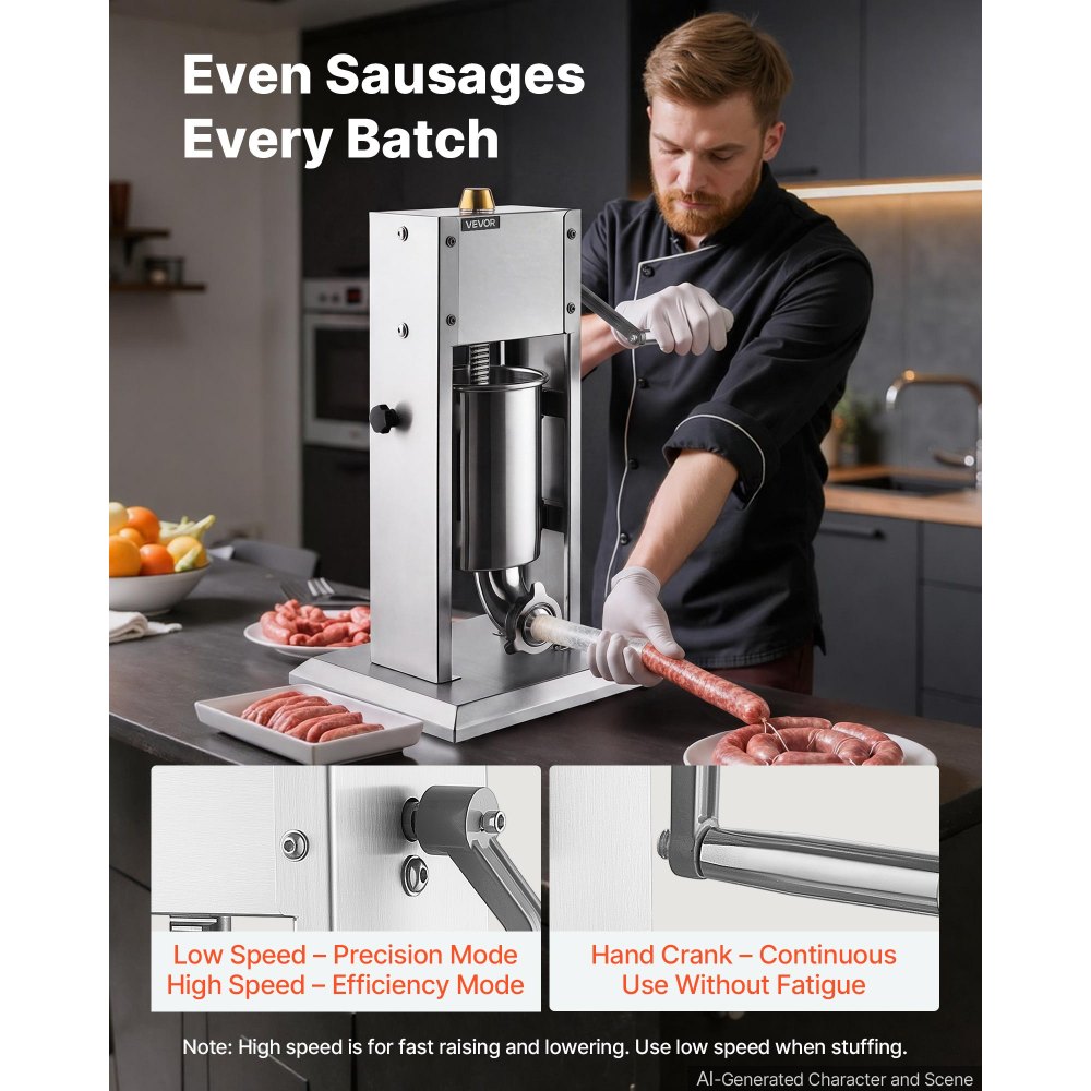VEVOR Insaccatrice Manuale per Preparazione Salsicce Capacità 3 L per Casa in Acciaio Inox, Verticale, per Salsicce, Salami, Barbecue, Caccia, Picnic, Campeggio, Feste a Casa, da Esterno, con 4 Tubi